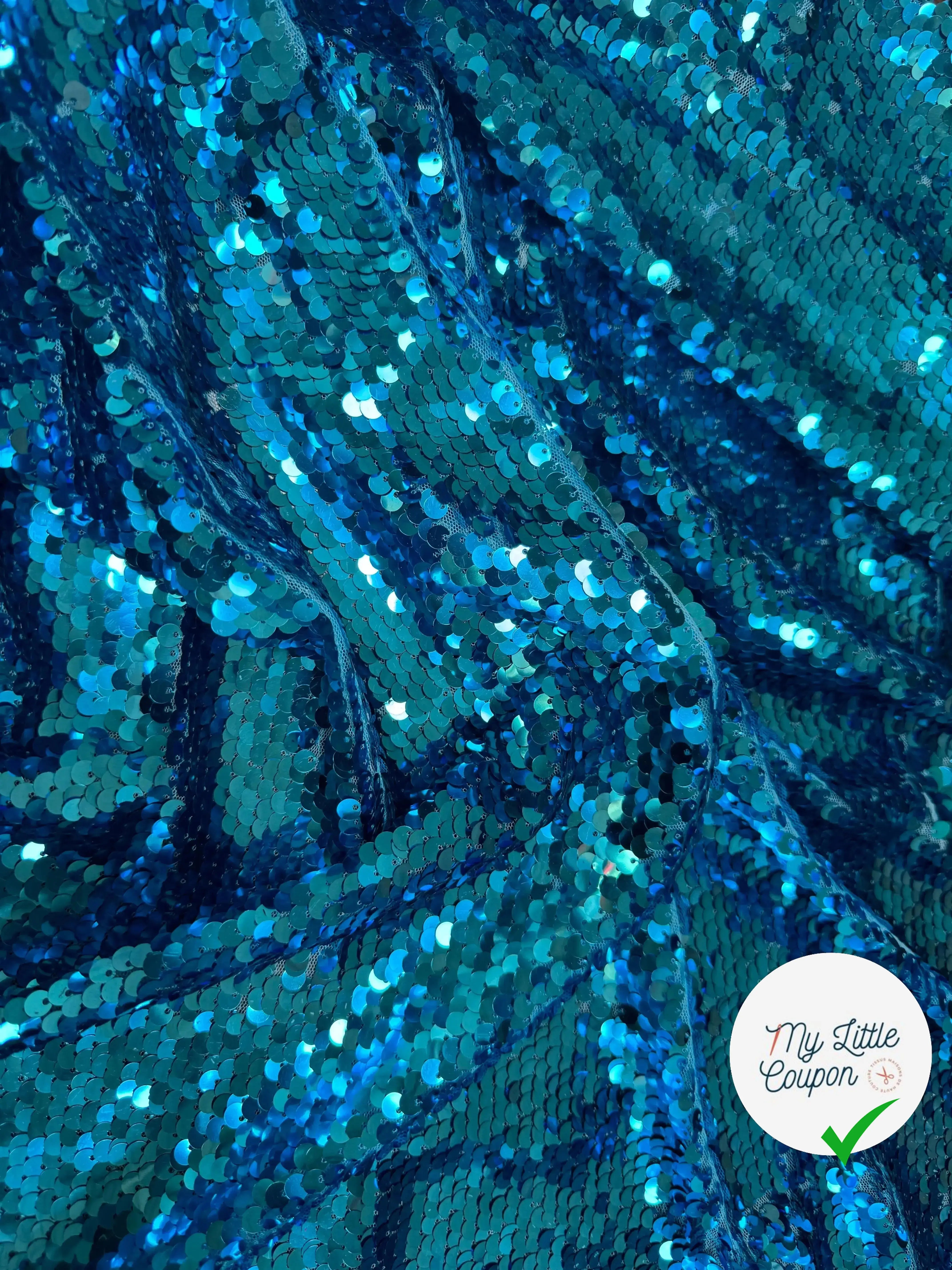 TISSU SEQUIN PAILLETTES SUR TULLE TURQUOISE - My Little Coupon