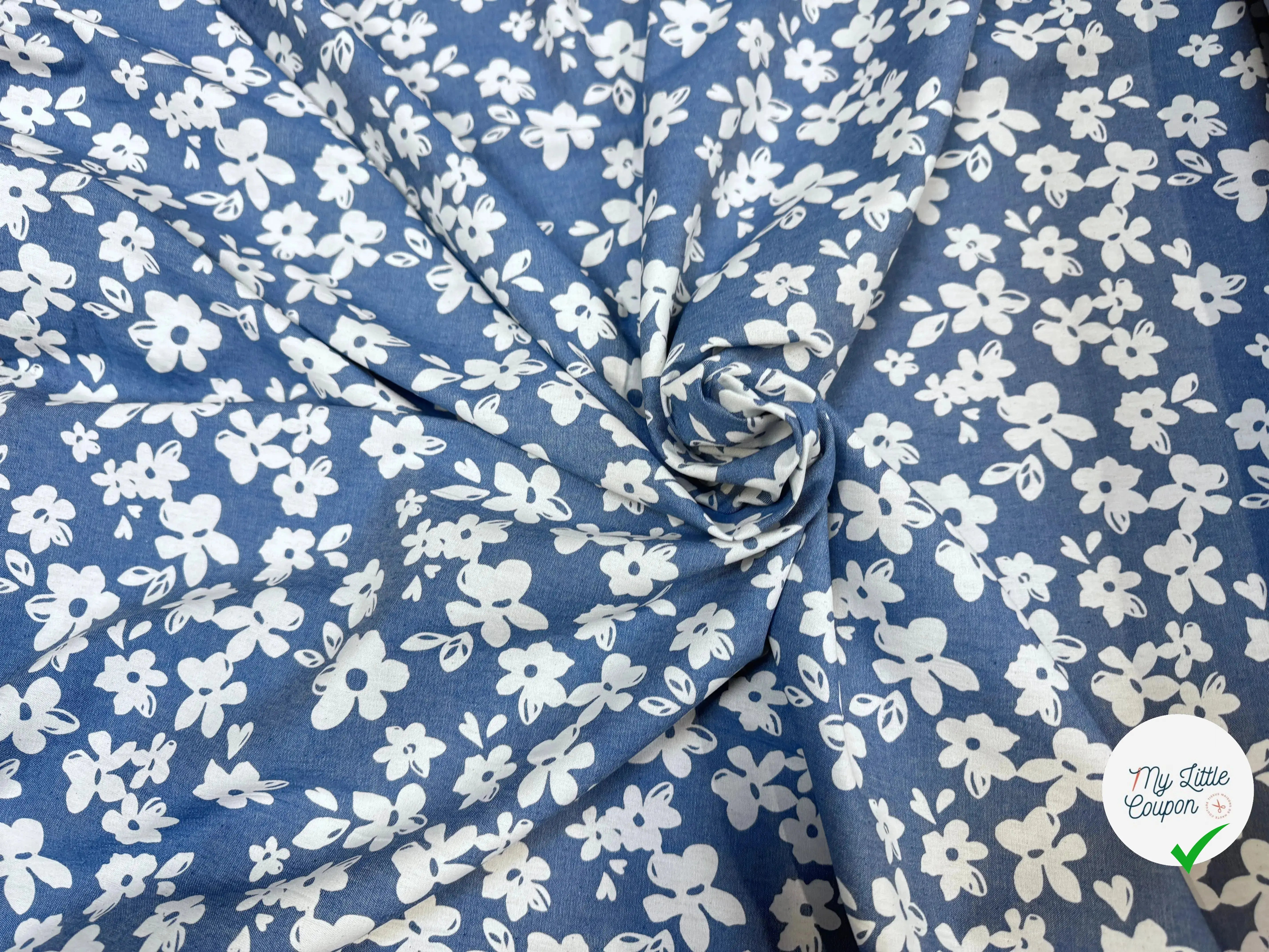 TOILE COTON FINE FAÇON DENIM CLAIR FLOWER - My Little Coupon