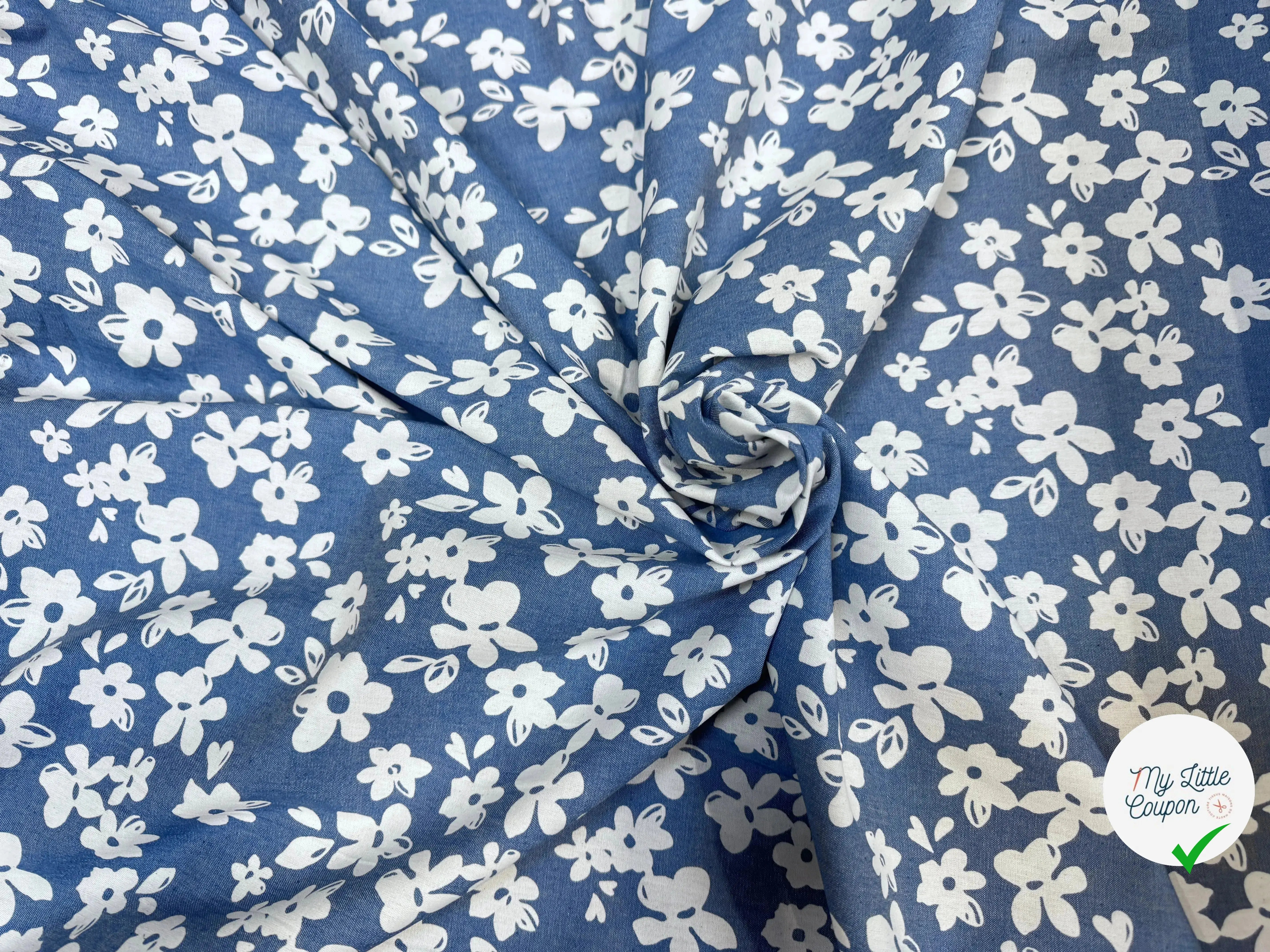TOILE COTON FINE FAÇON DENIM CLAIR FLOWER - My Little Coupon