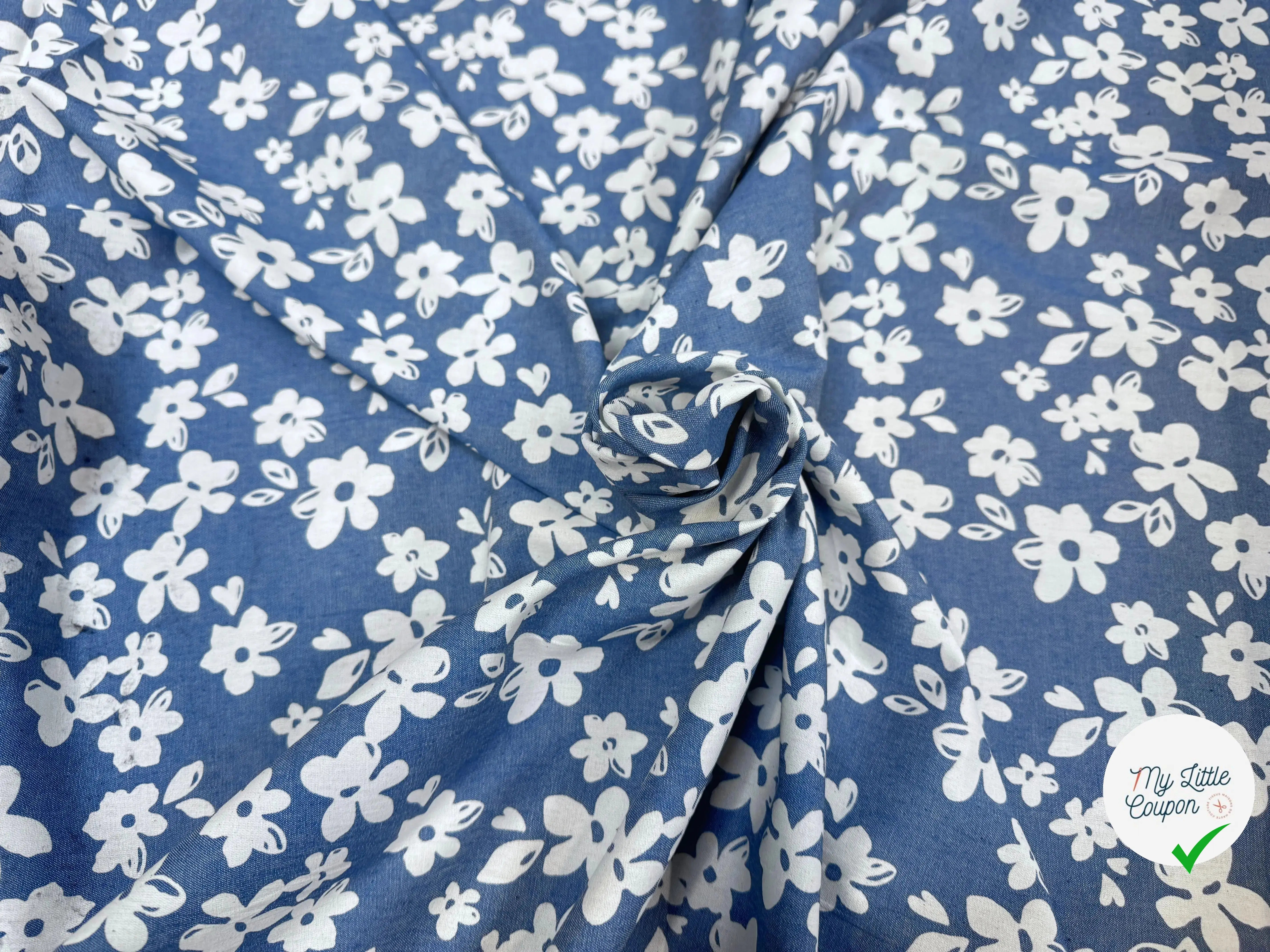 TOILE COTON FINE FAÇON DENIM CLAIR FLOWER - My Little Coupon