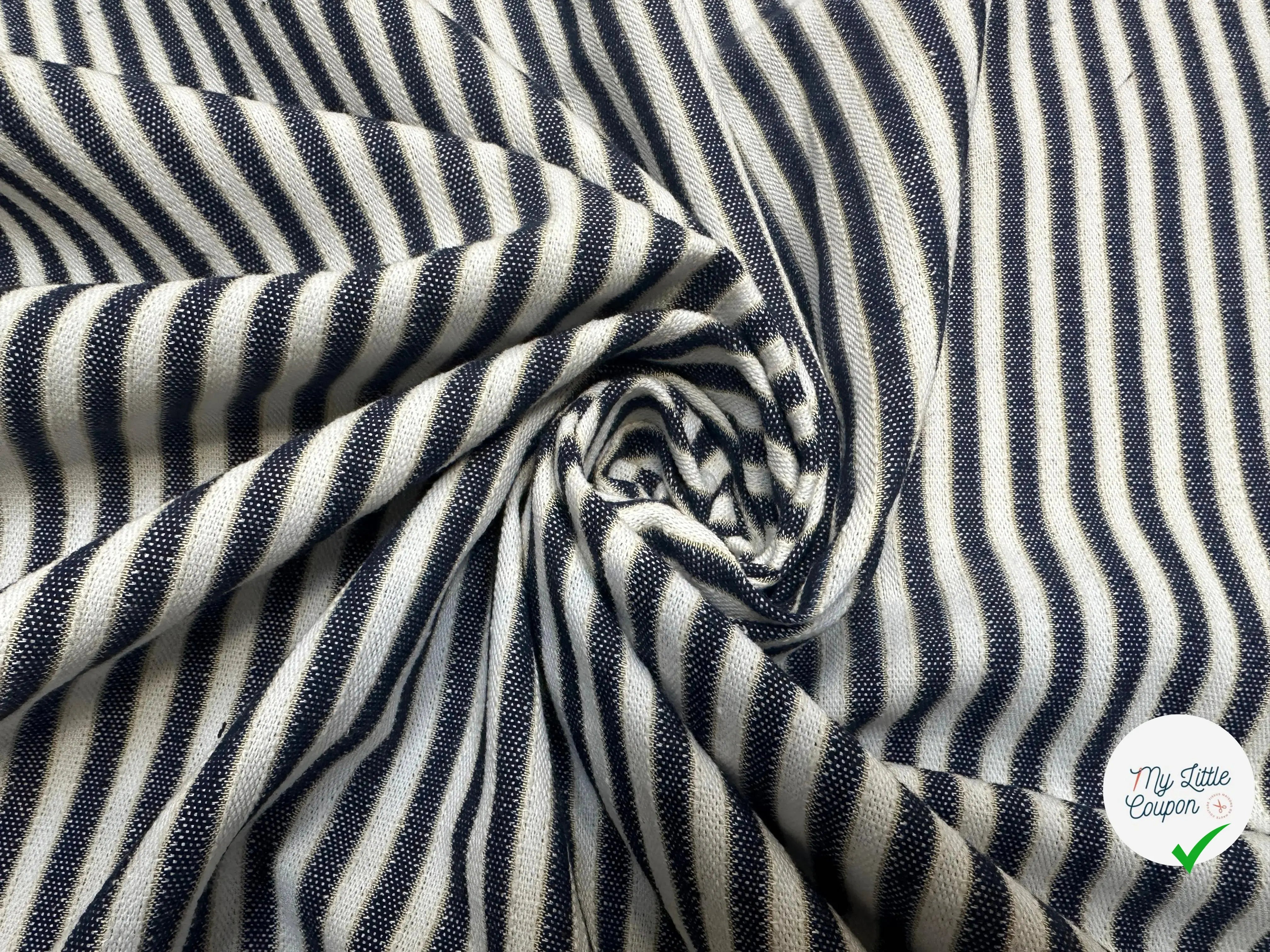TOILE COTON RAYURES ELEGANTES EFFET LIN BLEU - My Little Coupon