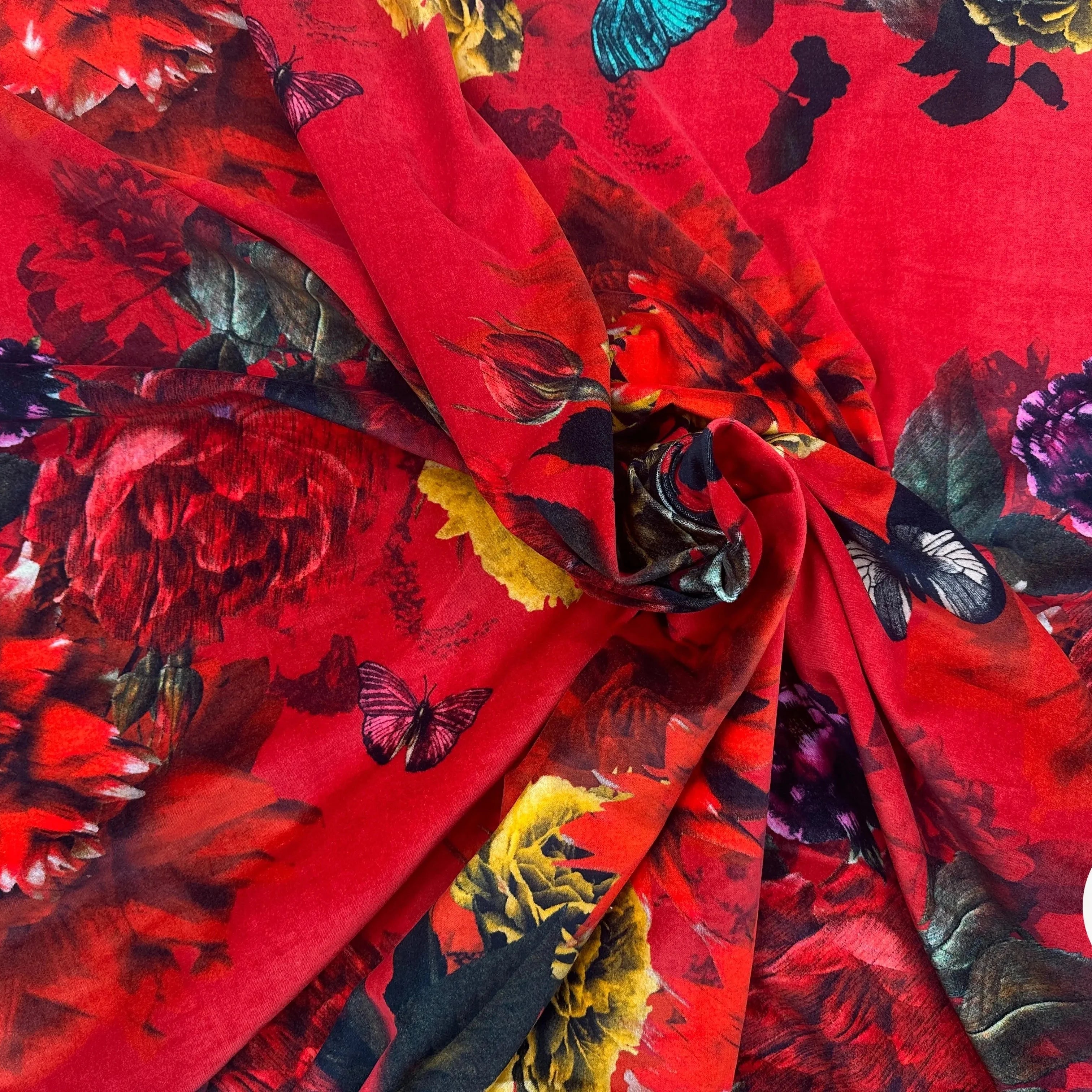 VELOURS DE COTON IMPRIMÉ FLORAL ET PAPILLONS ROUGE MLC INTERN