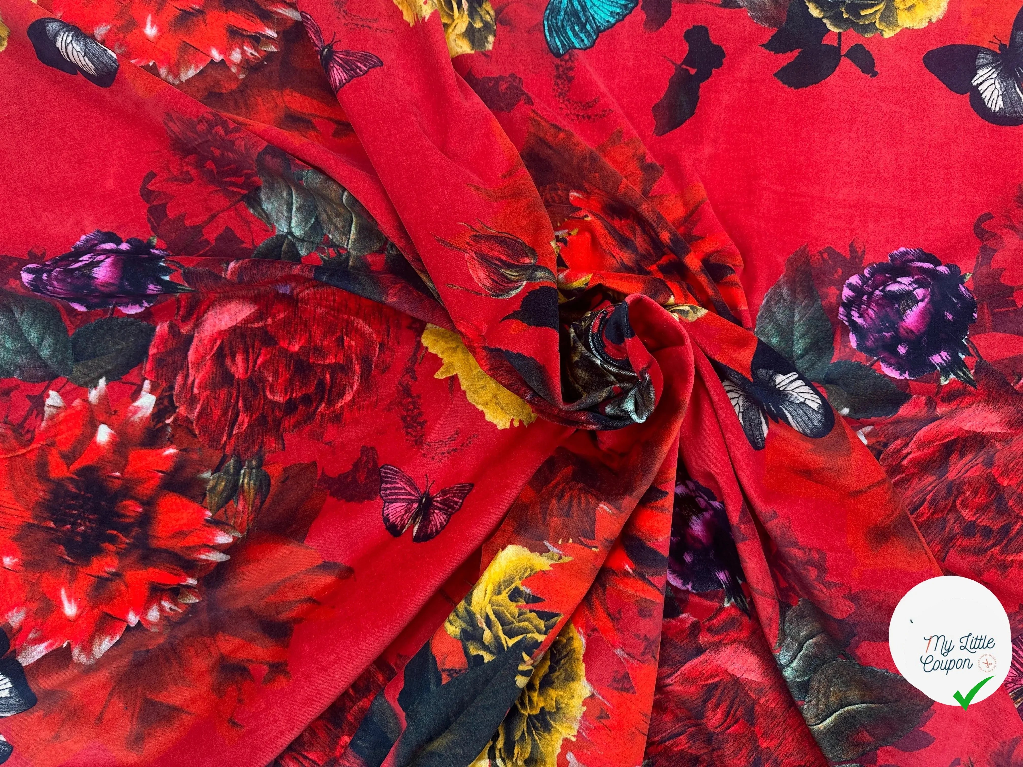 VELOURS DE COTON IMPRIMÉ FLORAL ET PAPILLONS ROUGE MLC INTERN