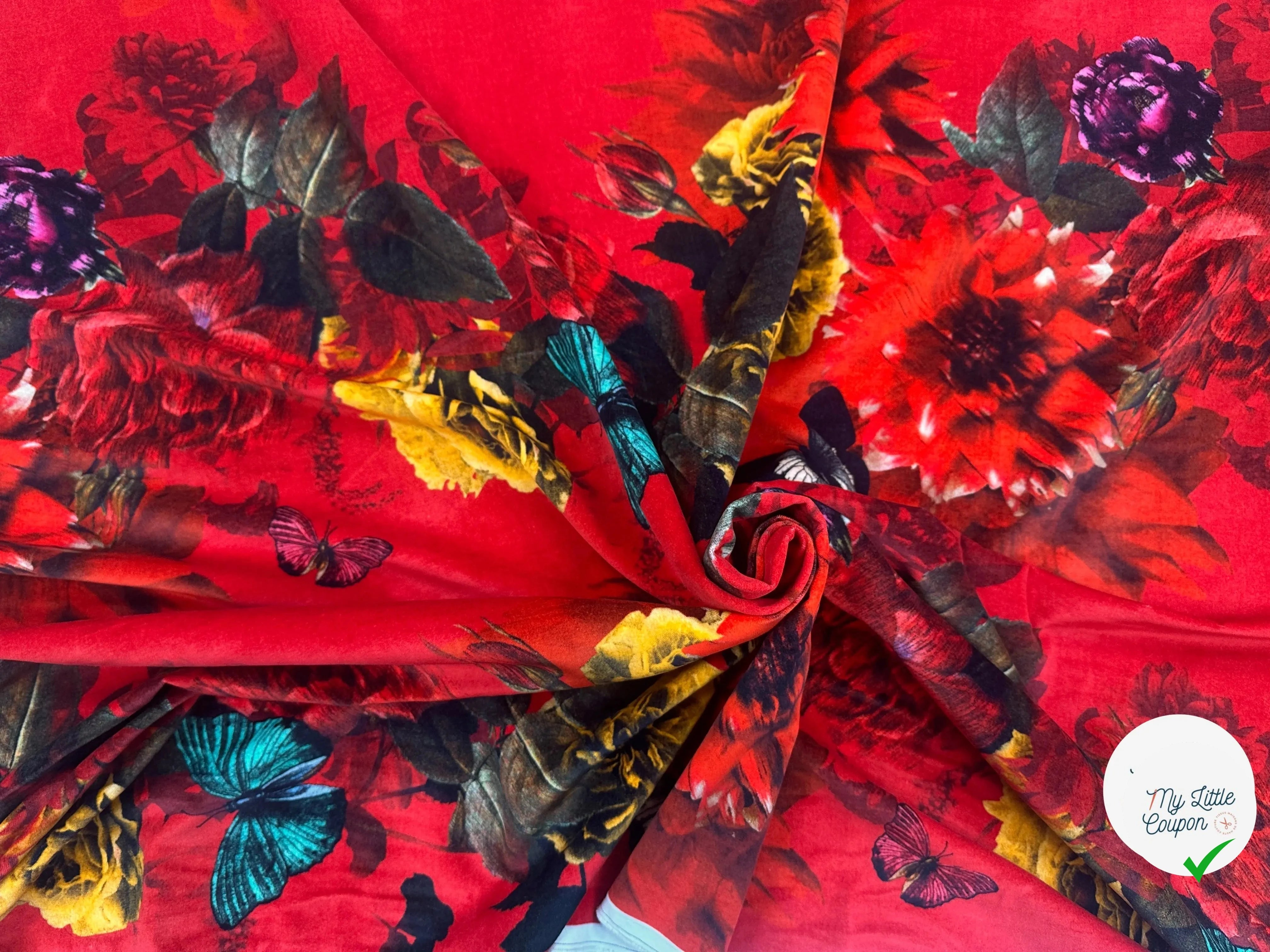 VELOURS DE COTON IMPRIMÉ FLORAL ET PAPILLONS ROUGE MLC INTERN