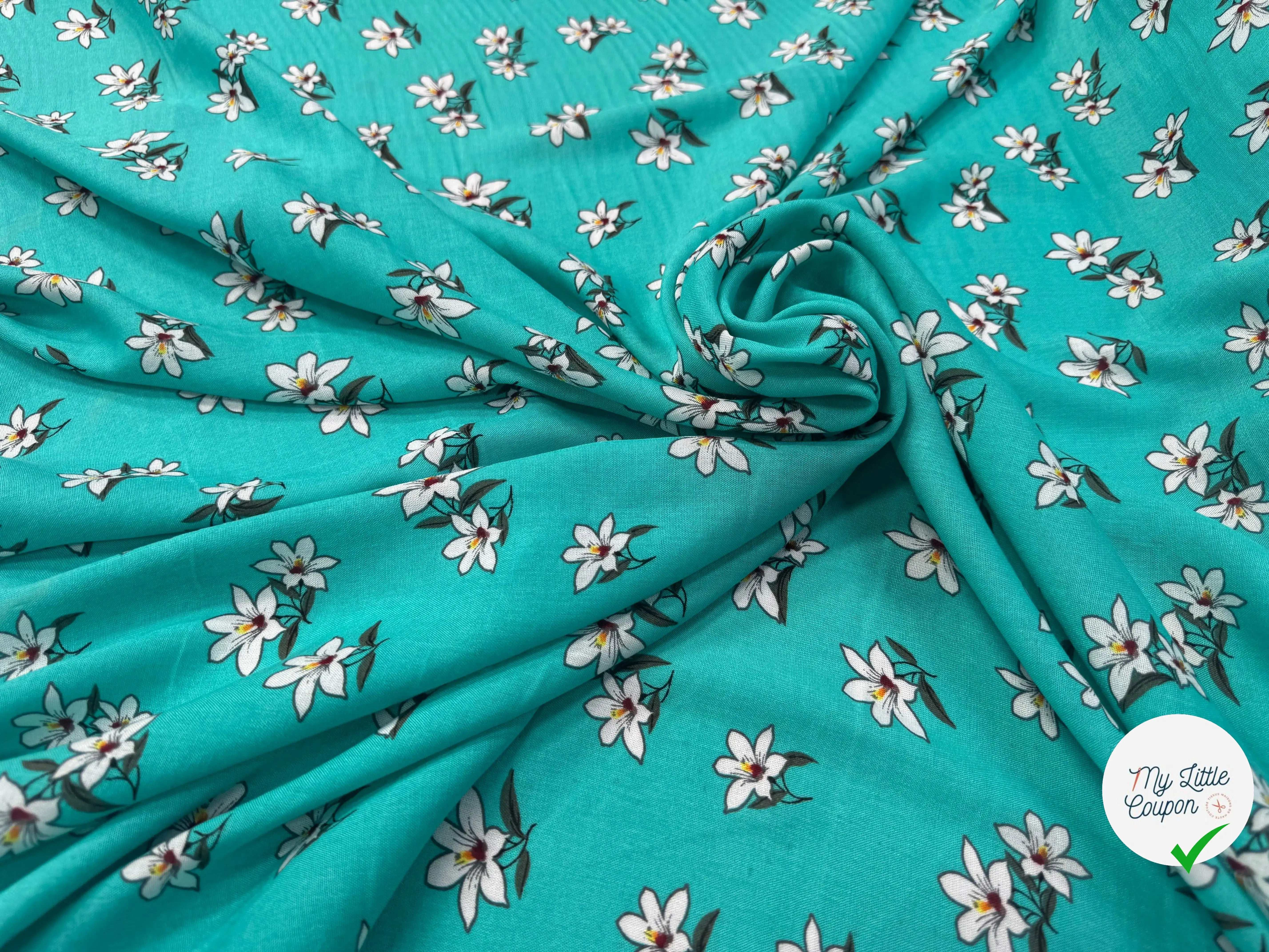 VISCOSE À MOTIF D'HIBISCUS À FOND TURQUOISE - My Little Coupon