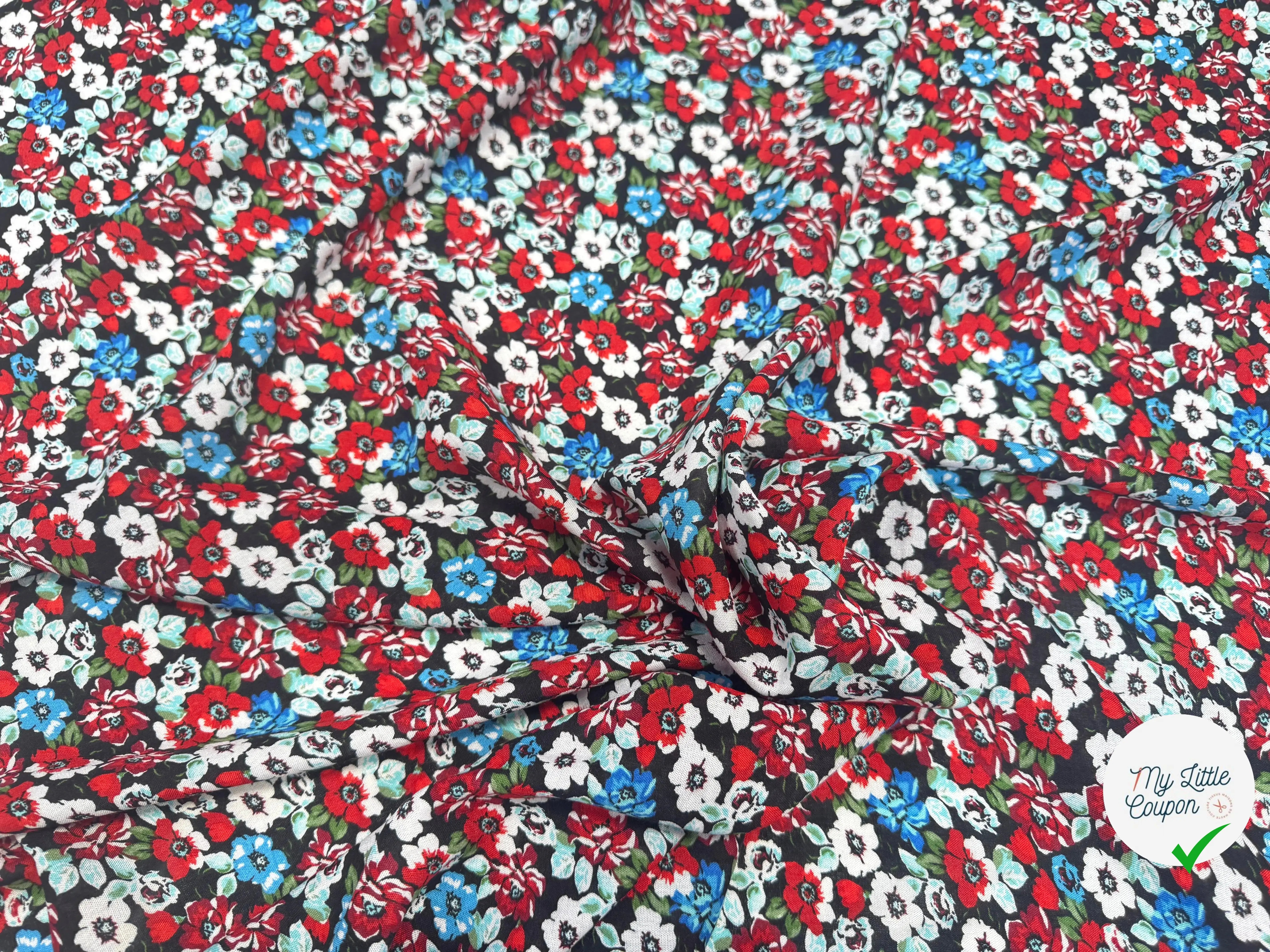 VISCOSE À MOTIFS FLORAUX ROUGES ET BLEUES - My Little Coupon