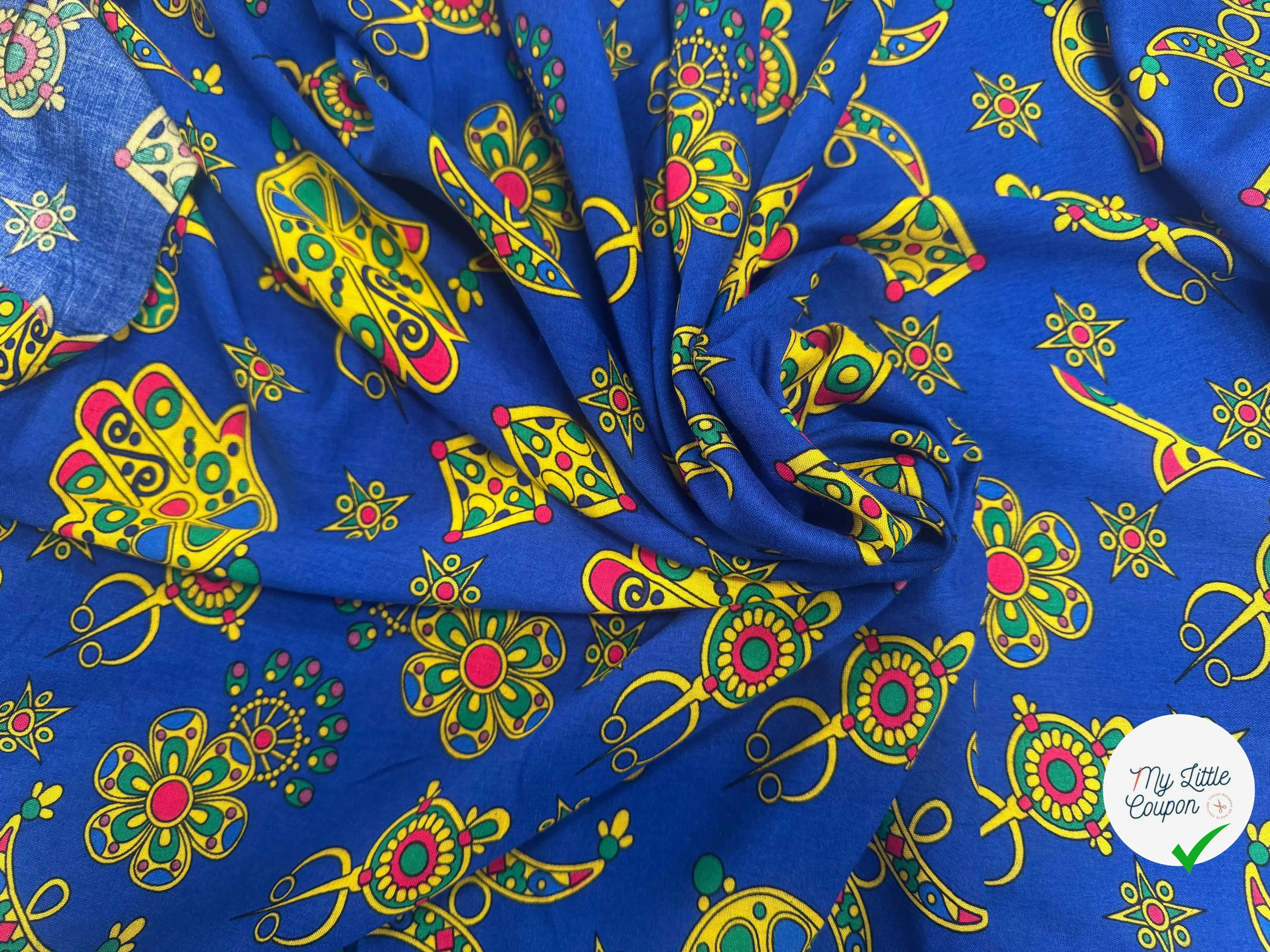 VISCOSE ARLEQUIN AVEC MOTIFS MAINS FOND BLEU - My Little Coupon