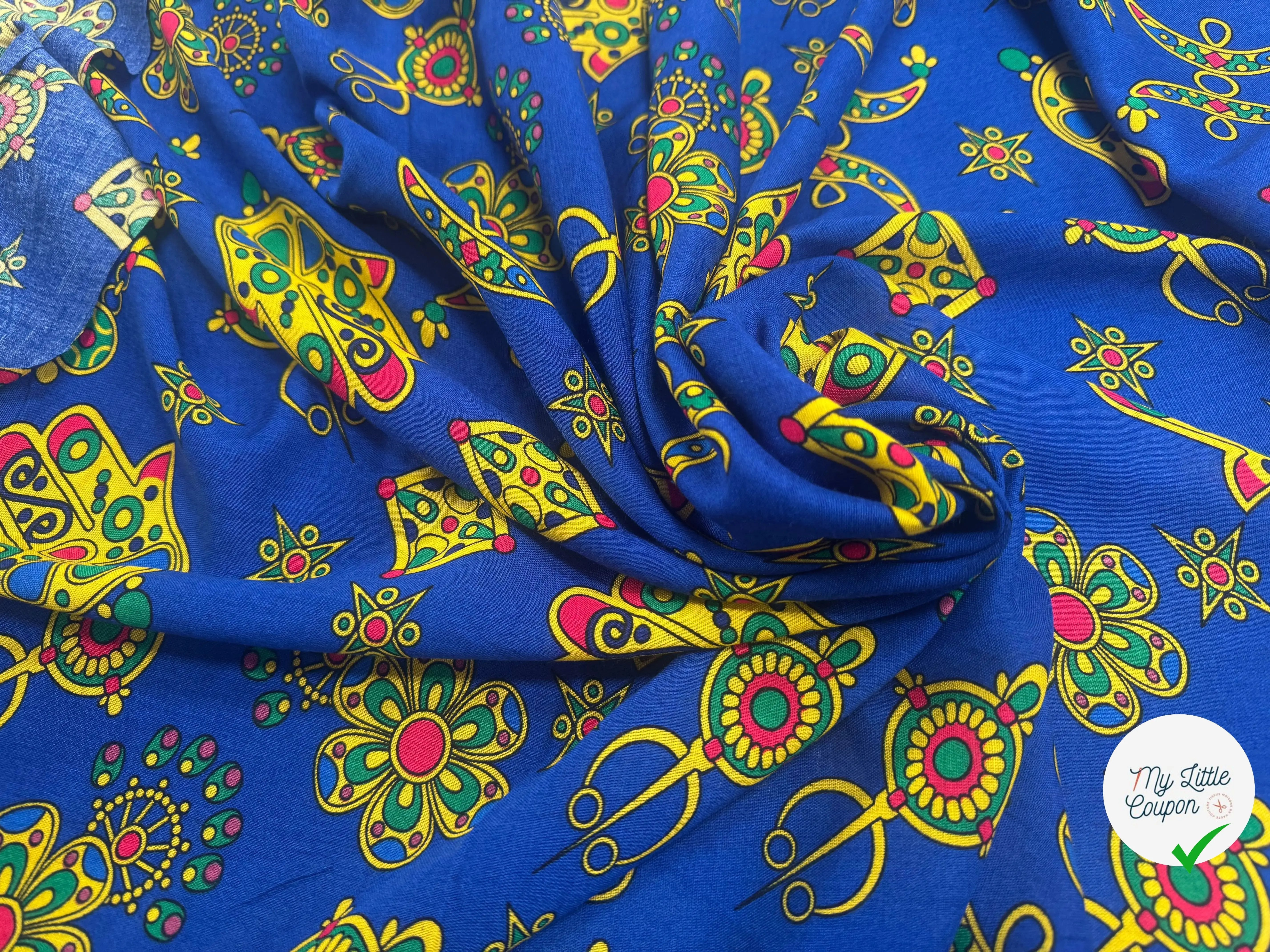 VISCOSE ARLEQUIN AVEC MOTIFS MAINS FOND BLEU - My Little Coupon