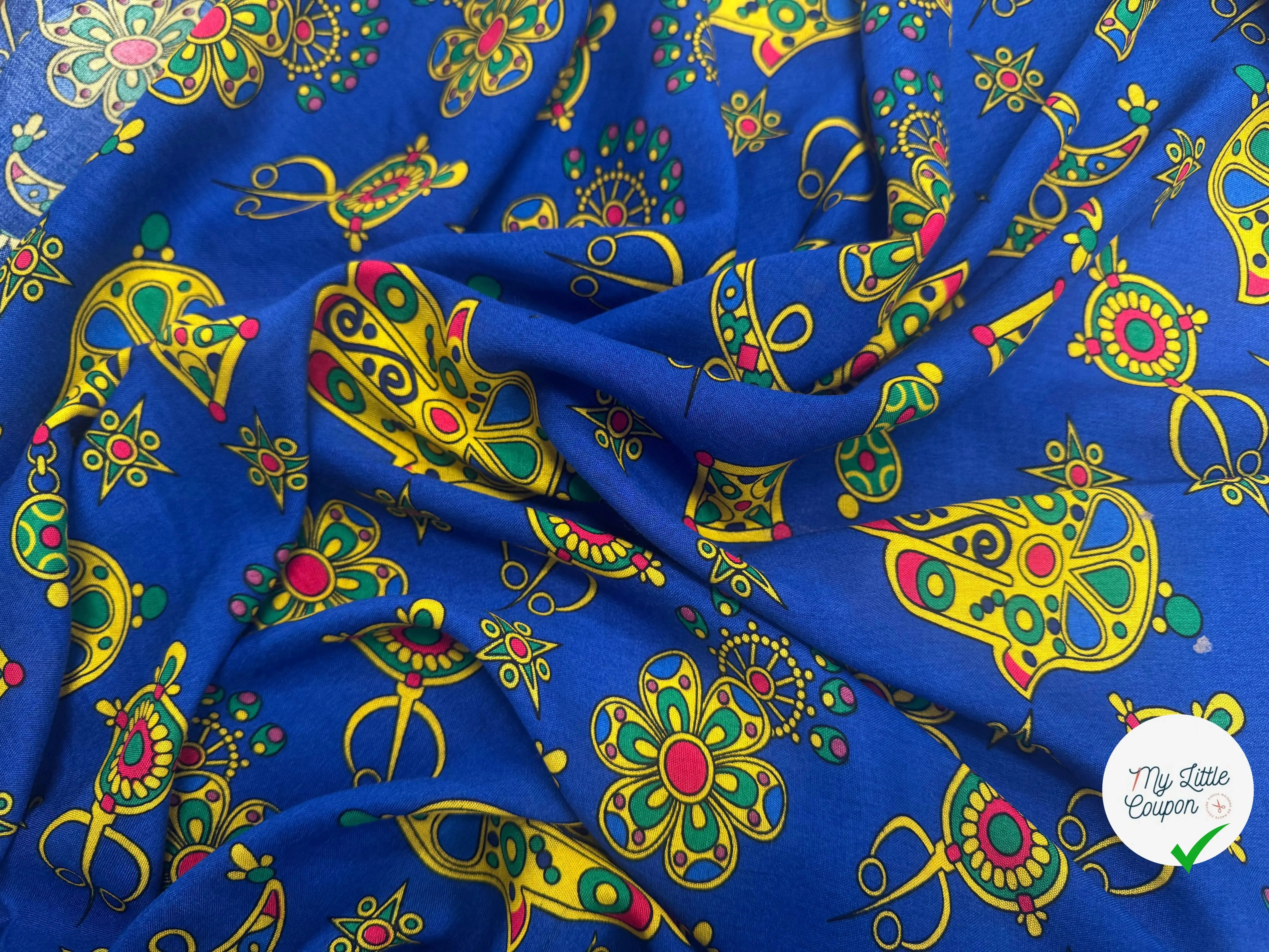 VISCOSE ARLEQUIN AVEC MOTIFS MAINS FOND BLEU - My Little Coupon