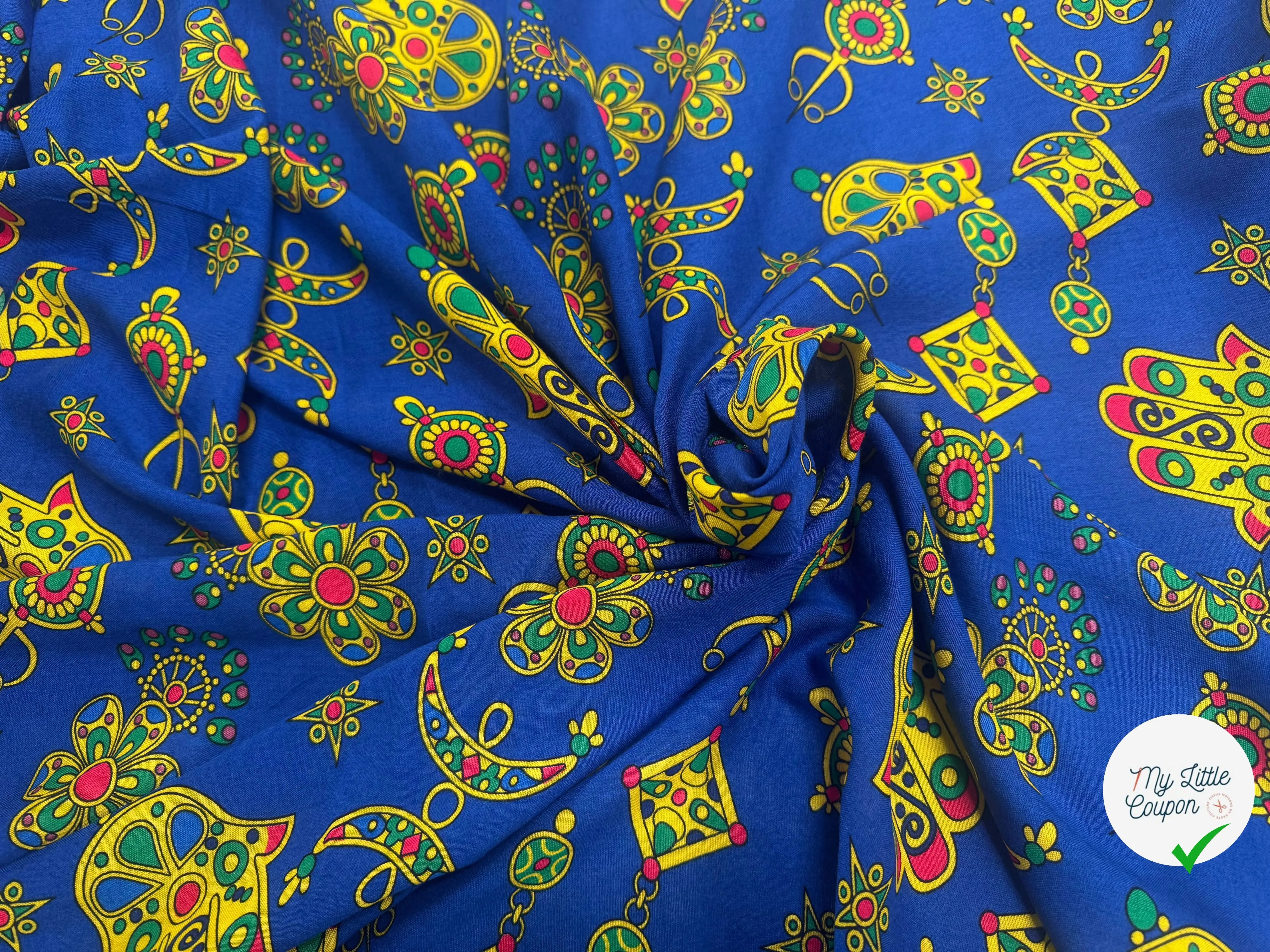 VISCOSE ARLEQUIN AVEC MOTIFS MAINS FOND BLEU - My Little Coupon