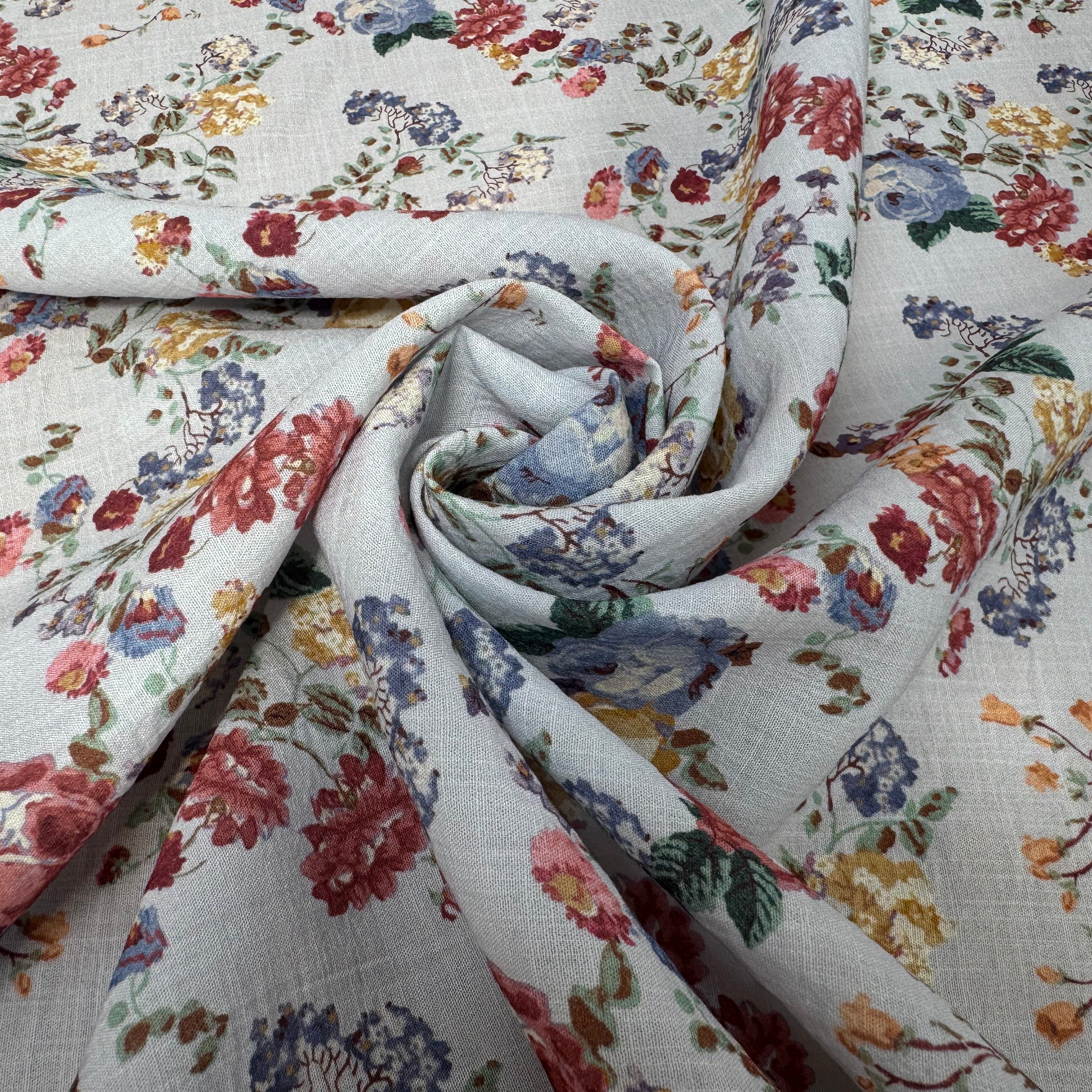 VISCOSE EFFET LIN FOND BLEU MOTIFS FLEURS - My Little Coupon