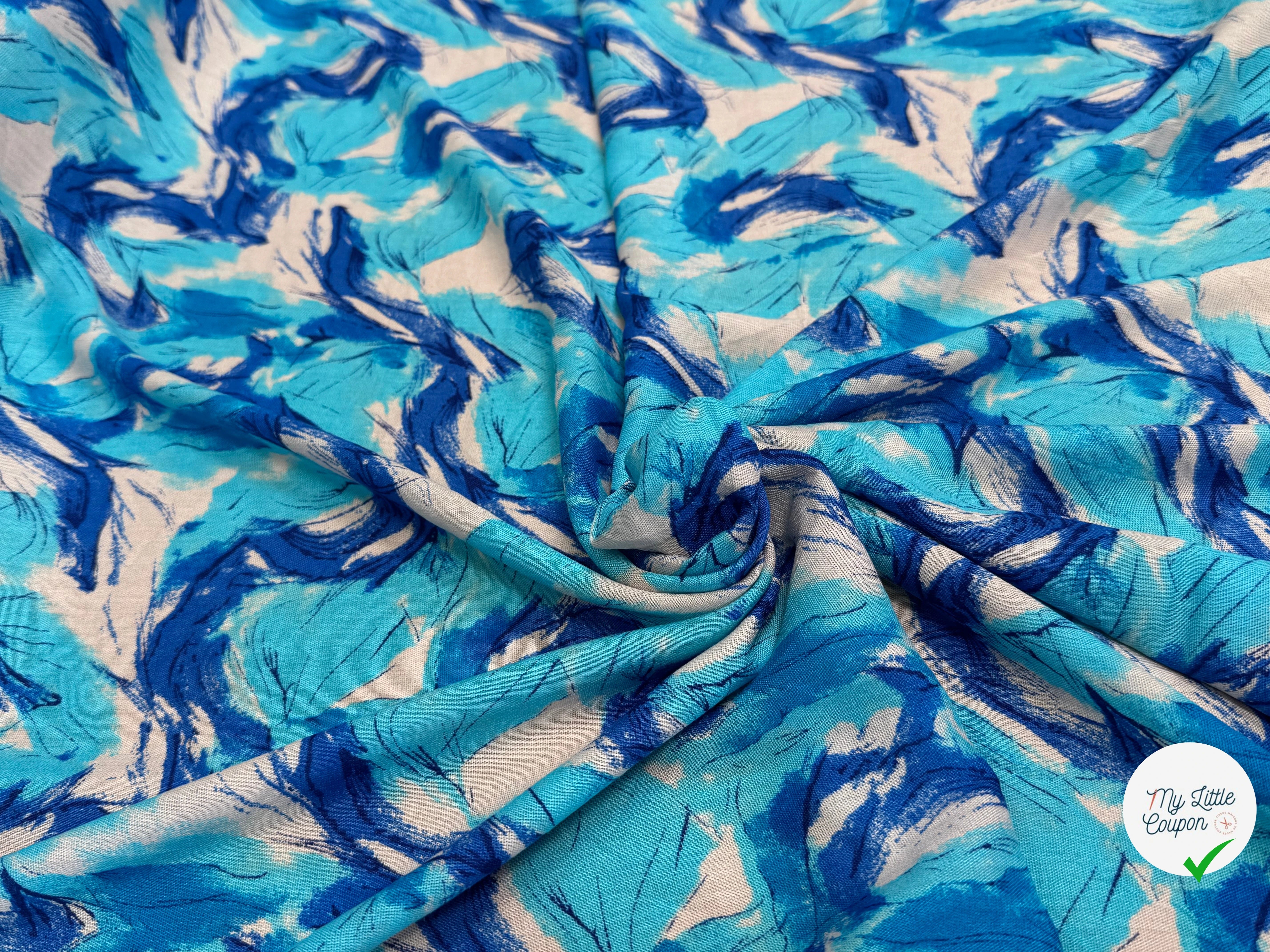 VISCOSE FLUIDE FOND BLANC IMPRIMÉE TOURBILLON ROI TURQUOISE - My Little Coupon