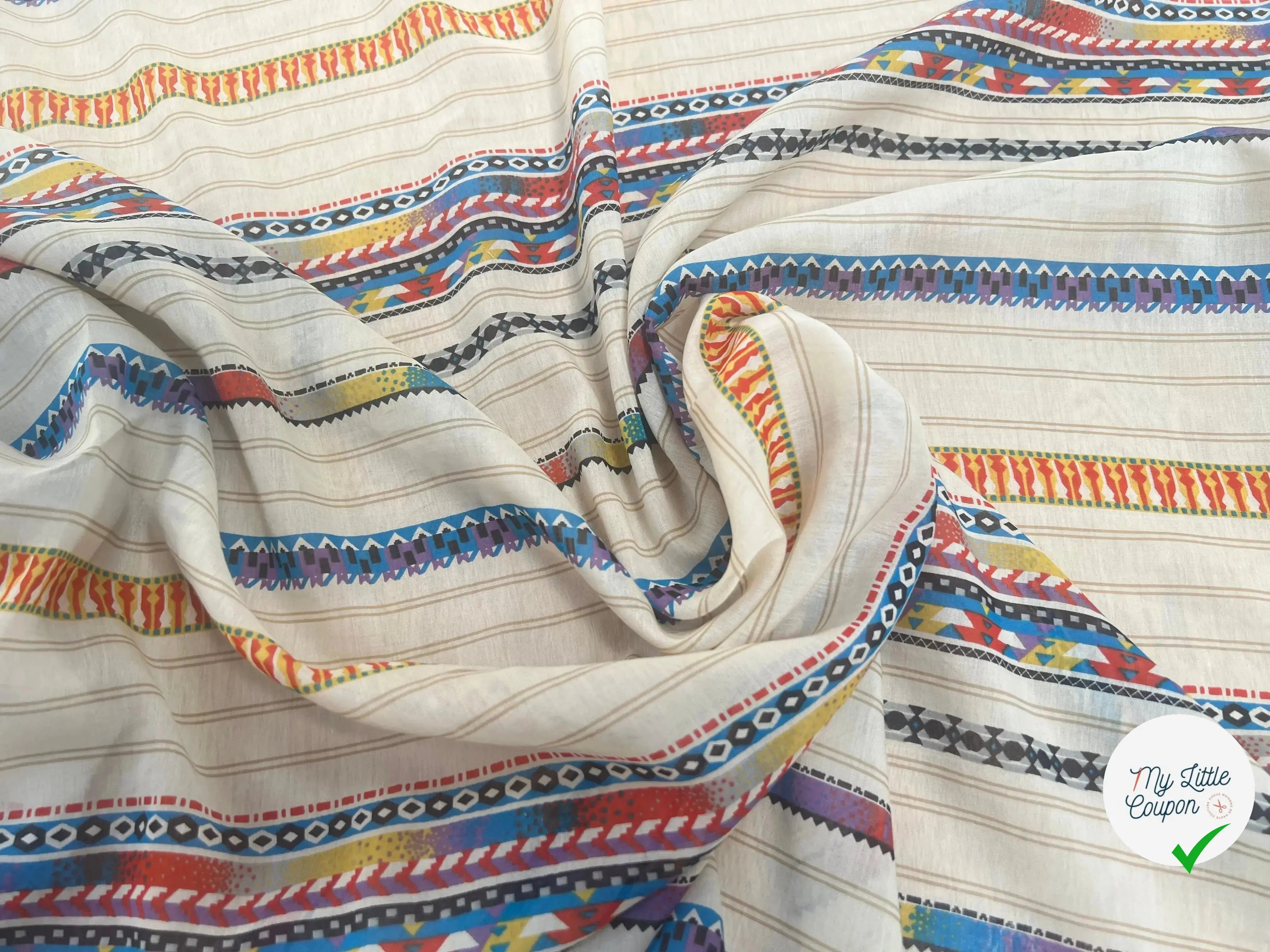 VOILE DE COTON SOIE FOND BEIGE MOTIFS HIPPIE - My Little Coupon