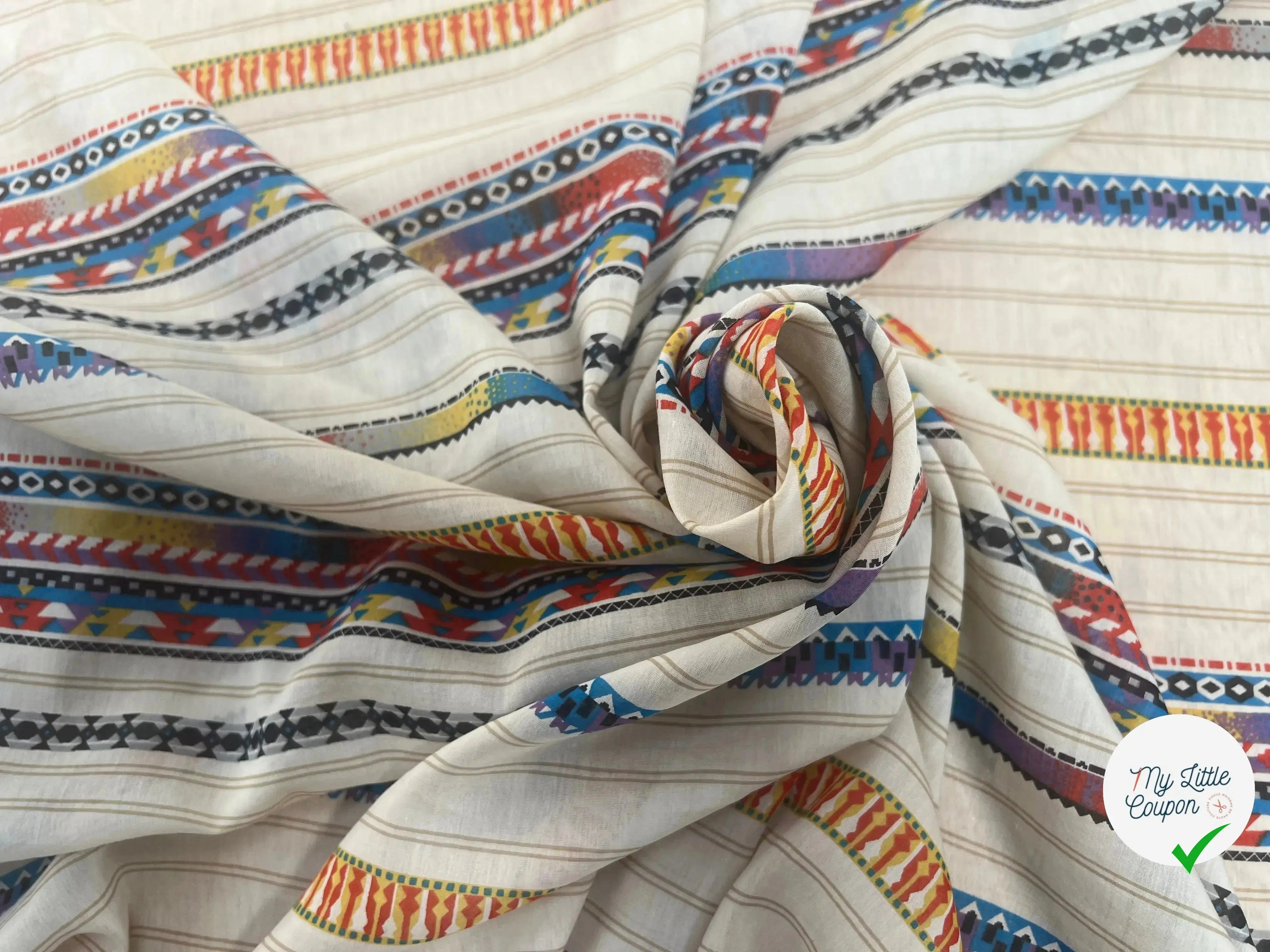 VOILE DE COTON SOIE FOND BEIGE MOTIFS HIPPIE - My Little Coupon
