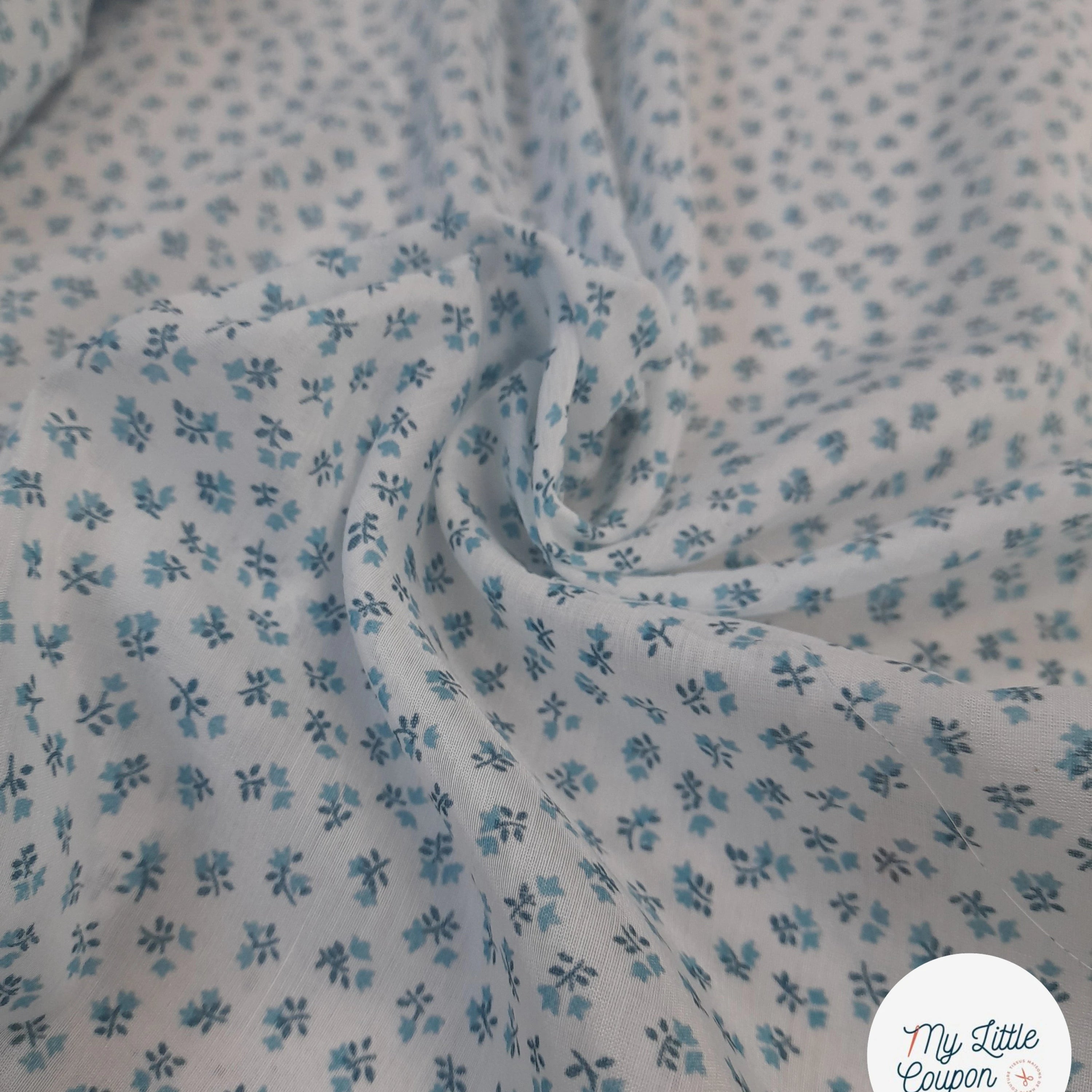 (Chute) VOILE DE COTON SOIE FOND BLANC MOTIFS PETITES FLEURS BLEU - My Little Coupon