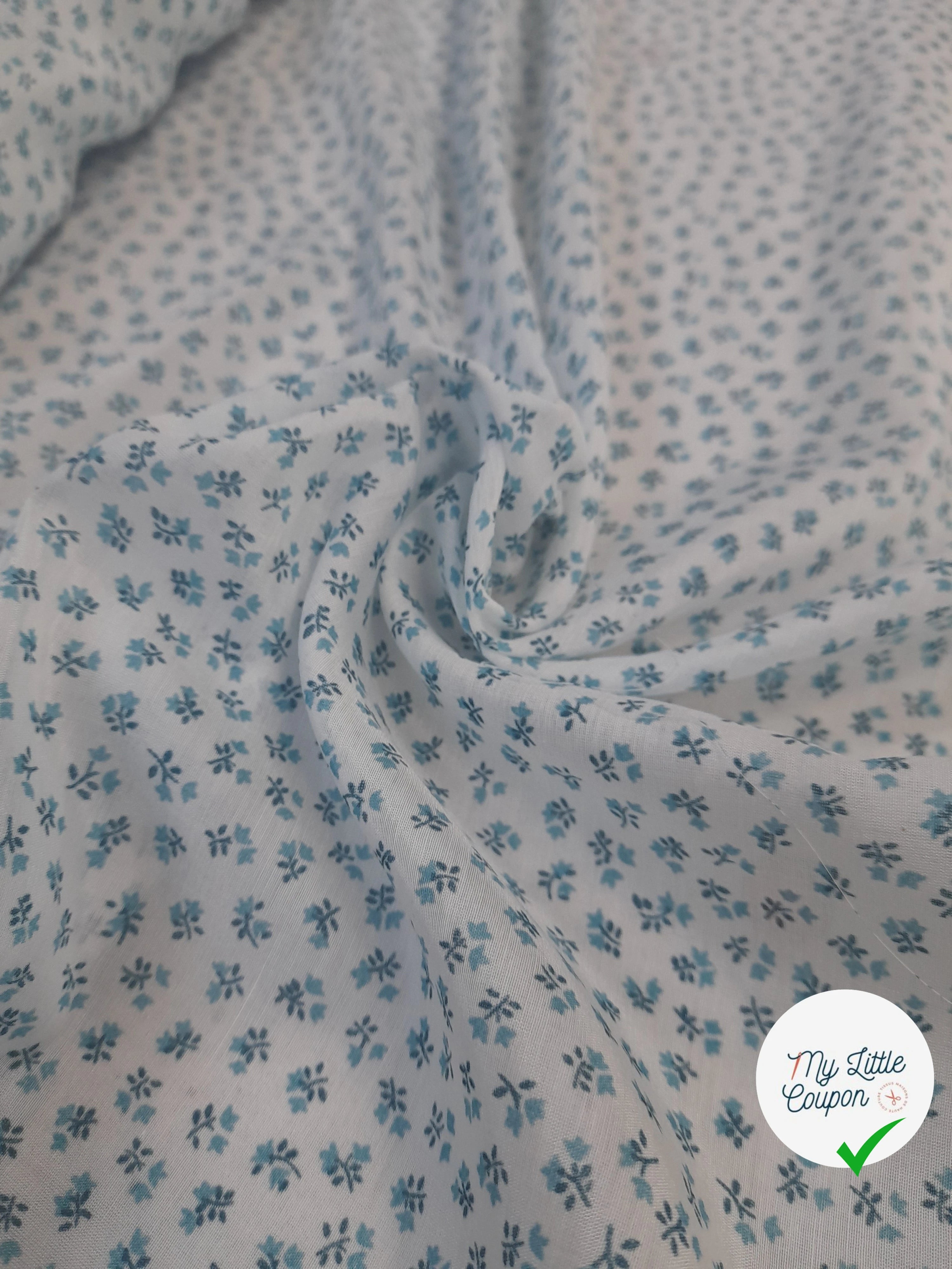 (Chute) VOILE DE COTON SOIE FOND BLANC MOTIFS PETITES FLEURS BLEU - My Little Coupon