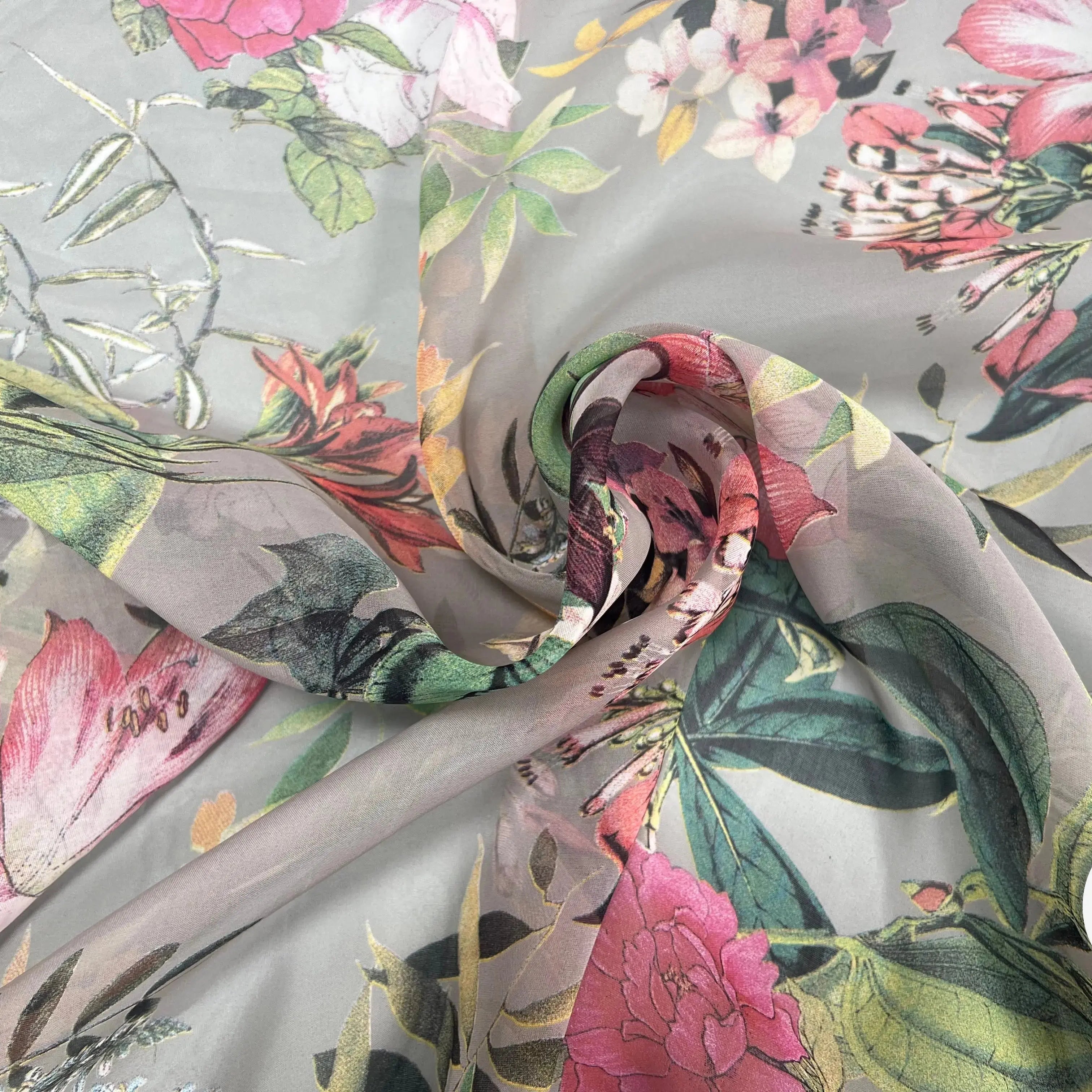 VOILE SOIE VISCOSE FOND GRIS FLEURS ORANGES - My Little Coupon