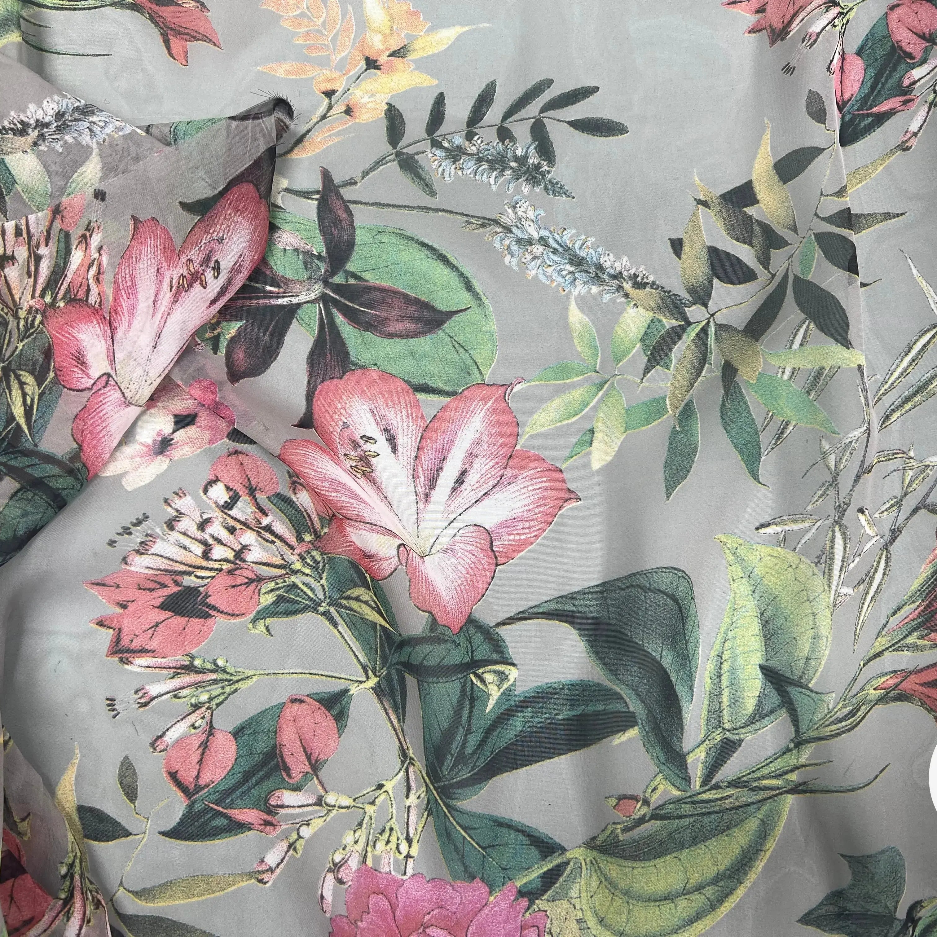 VOILE SOIE VISCOSE FOND GRIS FLEURS ORANGES - My Little Coupon