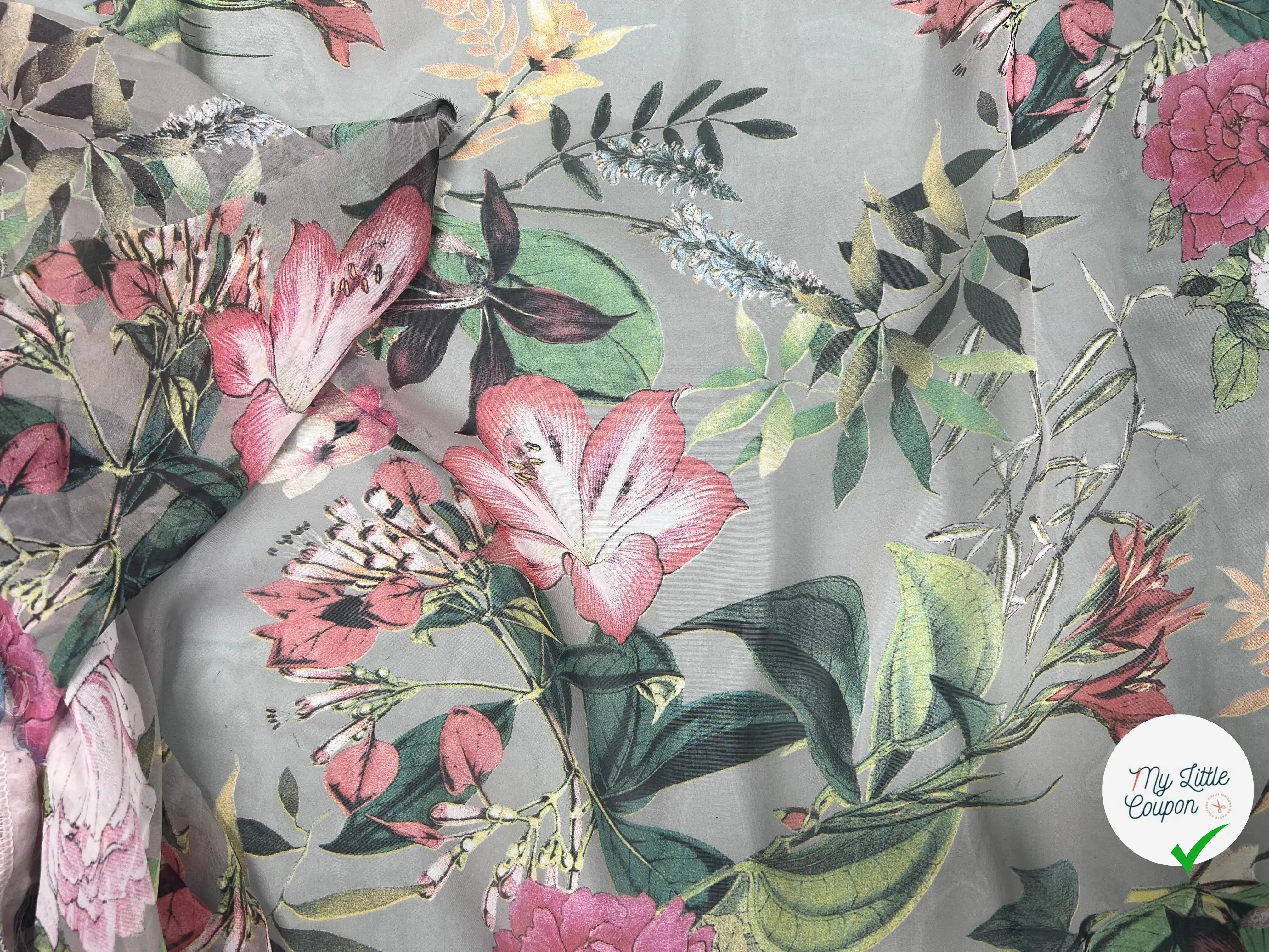 VOILE SOIE VISCOSE FOND GRIS FLEURS ORANGES - My Little Coupon