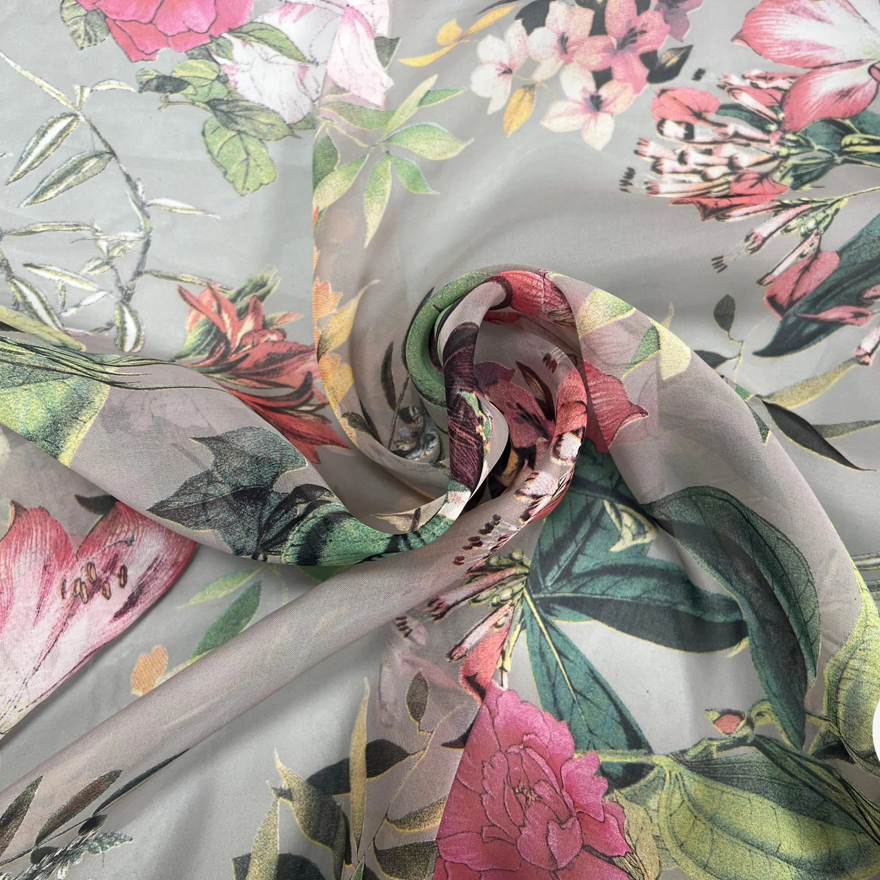 VOILE SOIE VISCOSE FOND GRIS FLEURS ORANGES - My Little Coupon