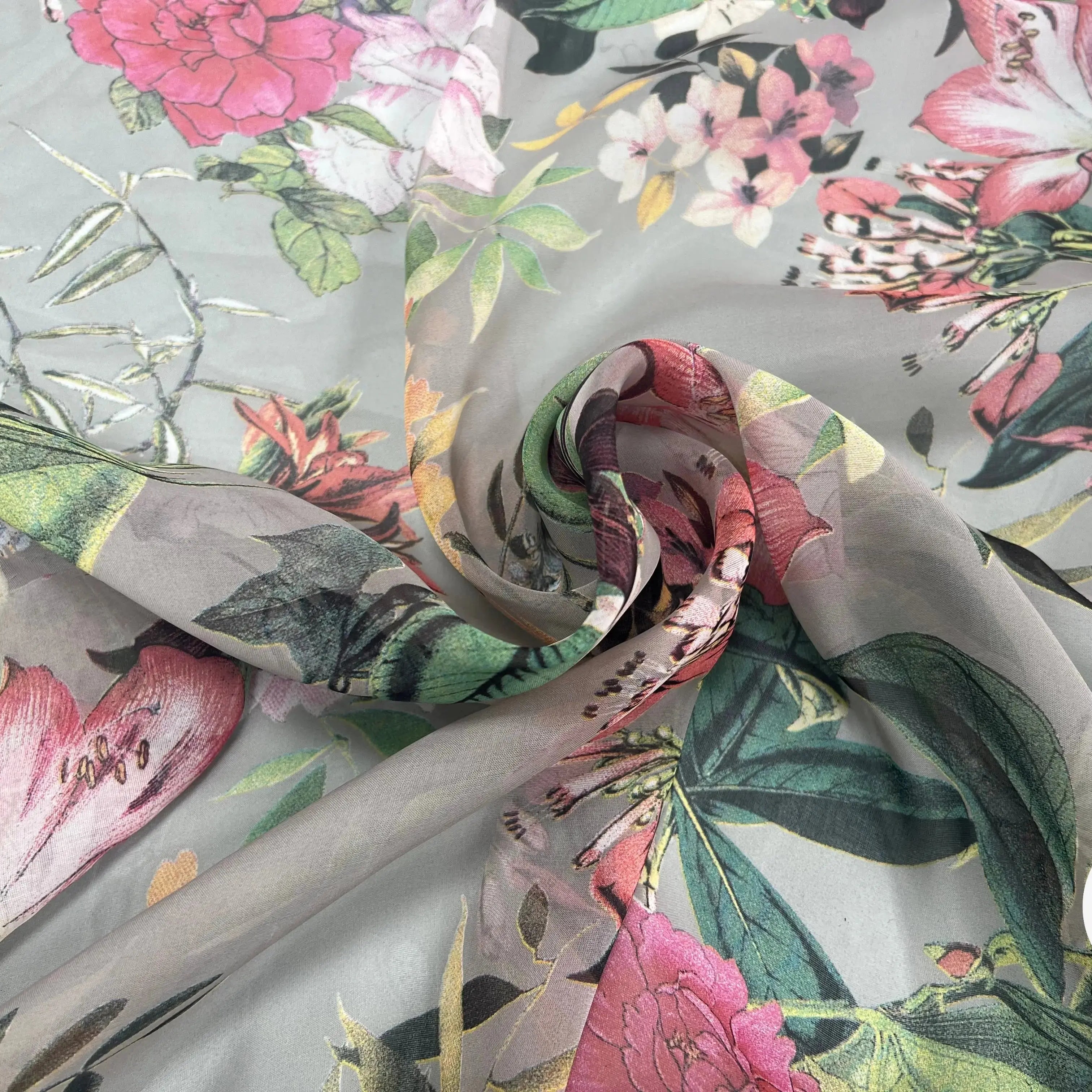 VOILE SOIE VISCOSE FOND GRIS FLEURS ORANGES - My Little Coupon