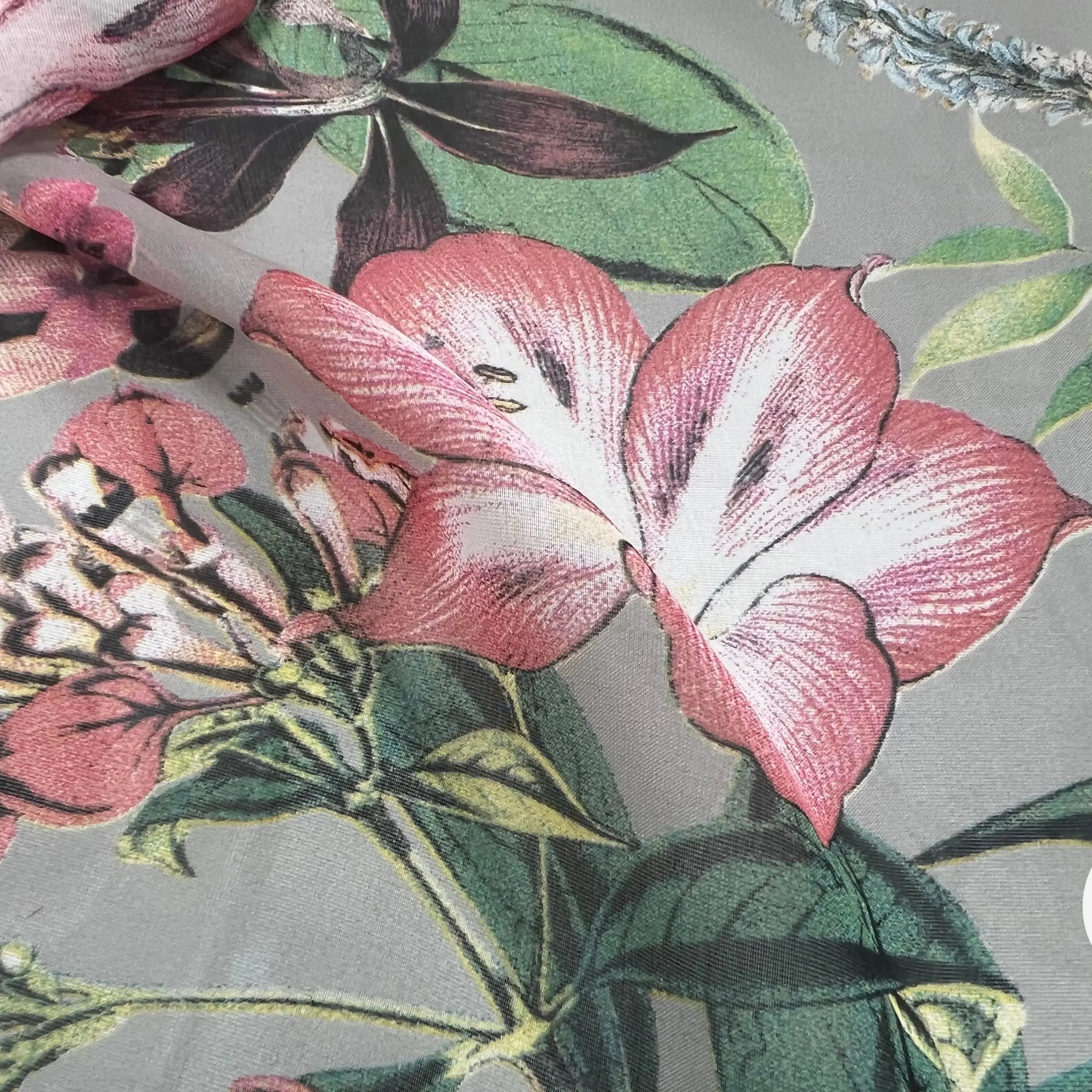 VOILE SOIE VISCOSE FOND GRIS FLEURS ORANGES - My Little Coupon