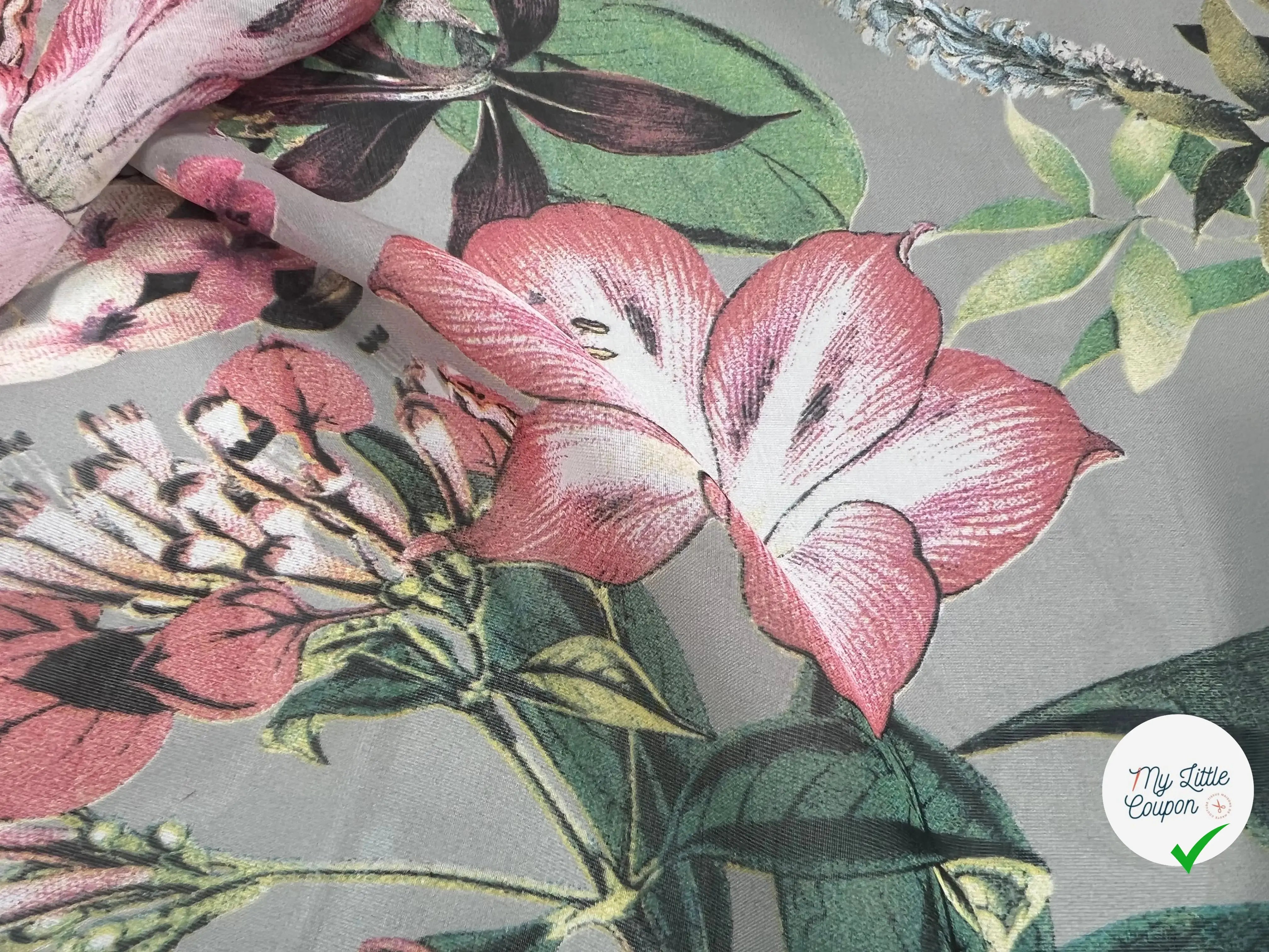 VOILE SOIE VISCOSE FOND GRIS FLEURS ORANGES - My Little Coupon