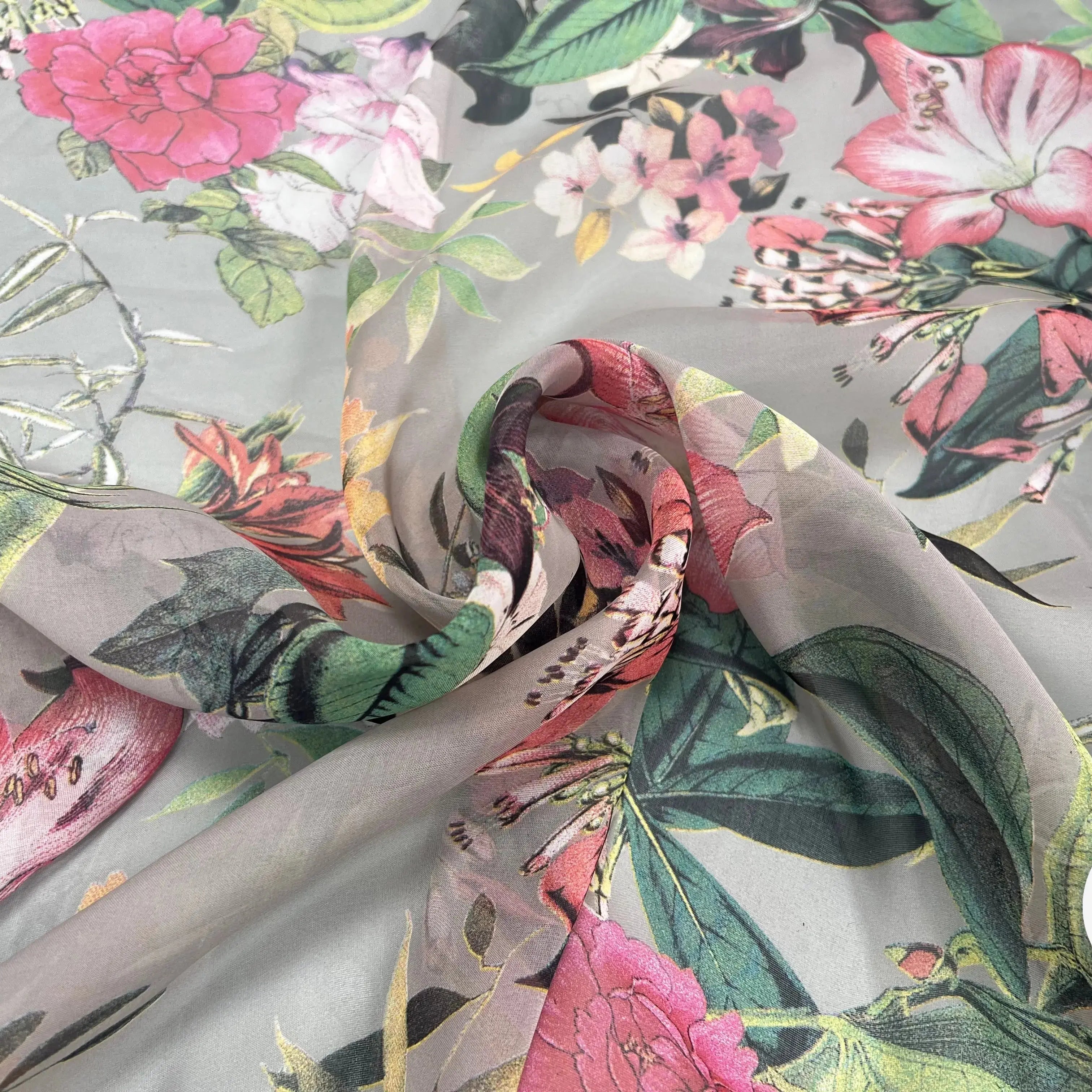 VOILE SOIE VISCOSE FOND GRIS FLEURS ORANGES - My Little Coupon