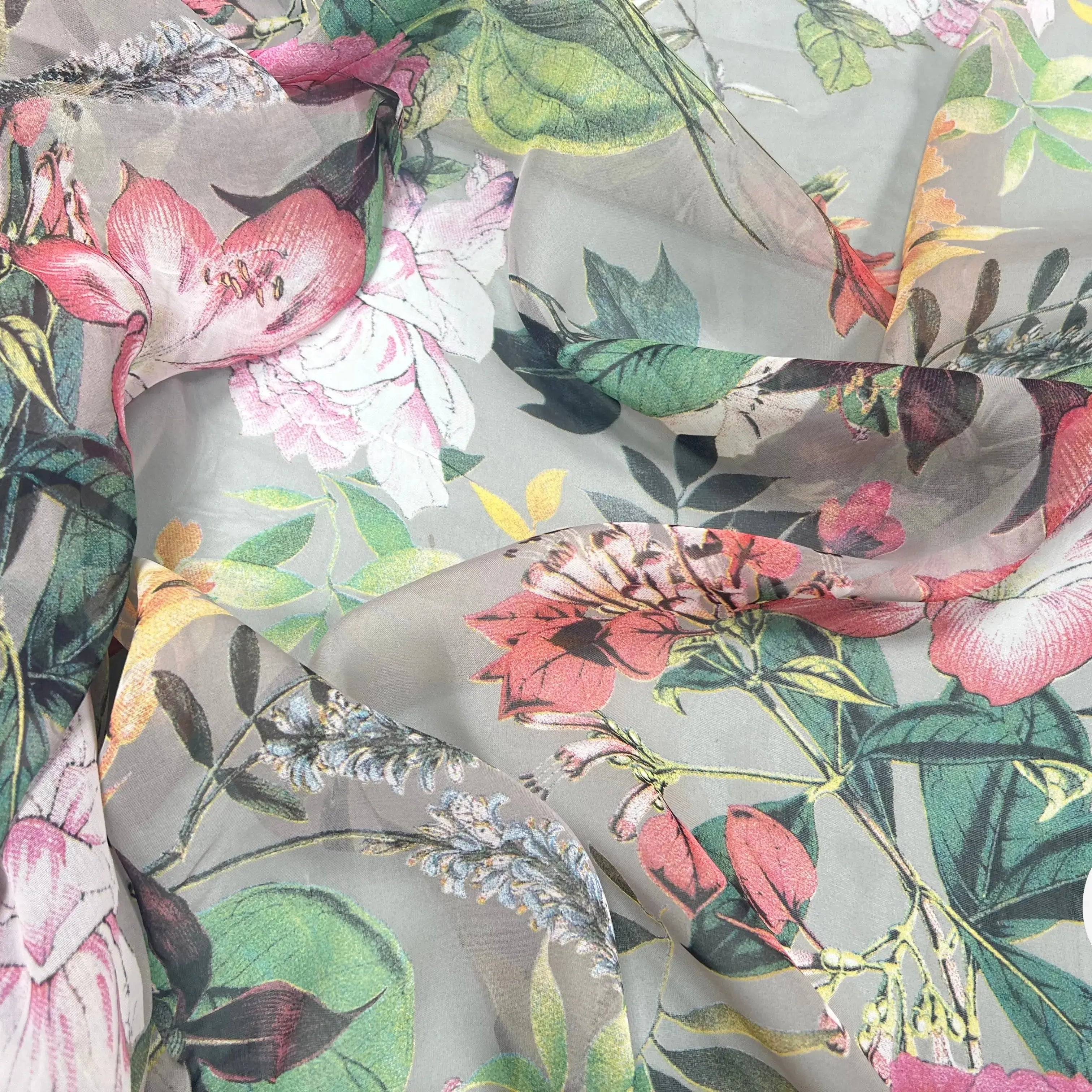 VOILE SOIE VISCOSE FOND GRIS FLEURS ORANGES - My Little Coupon