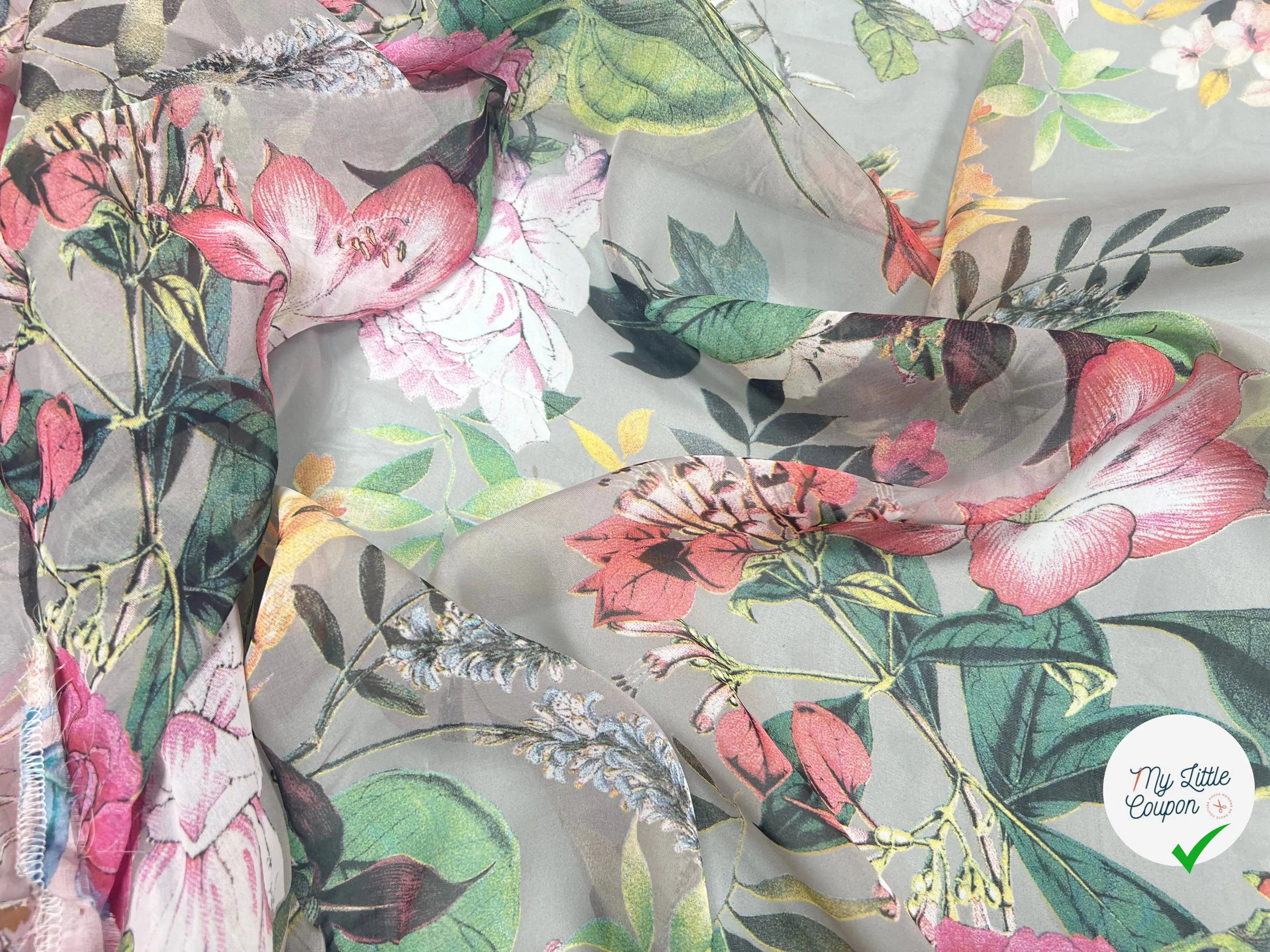 VOILE SOIE VISCOSE FOND GRIS FLEURS ORANGES - My Little Coupon
