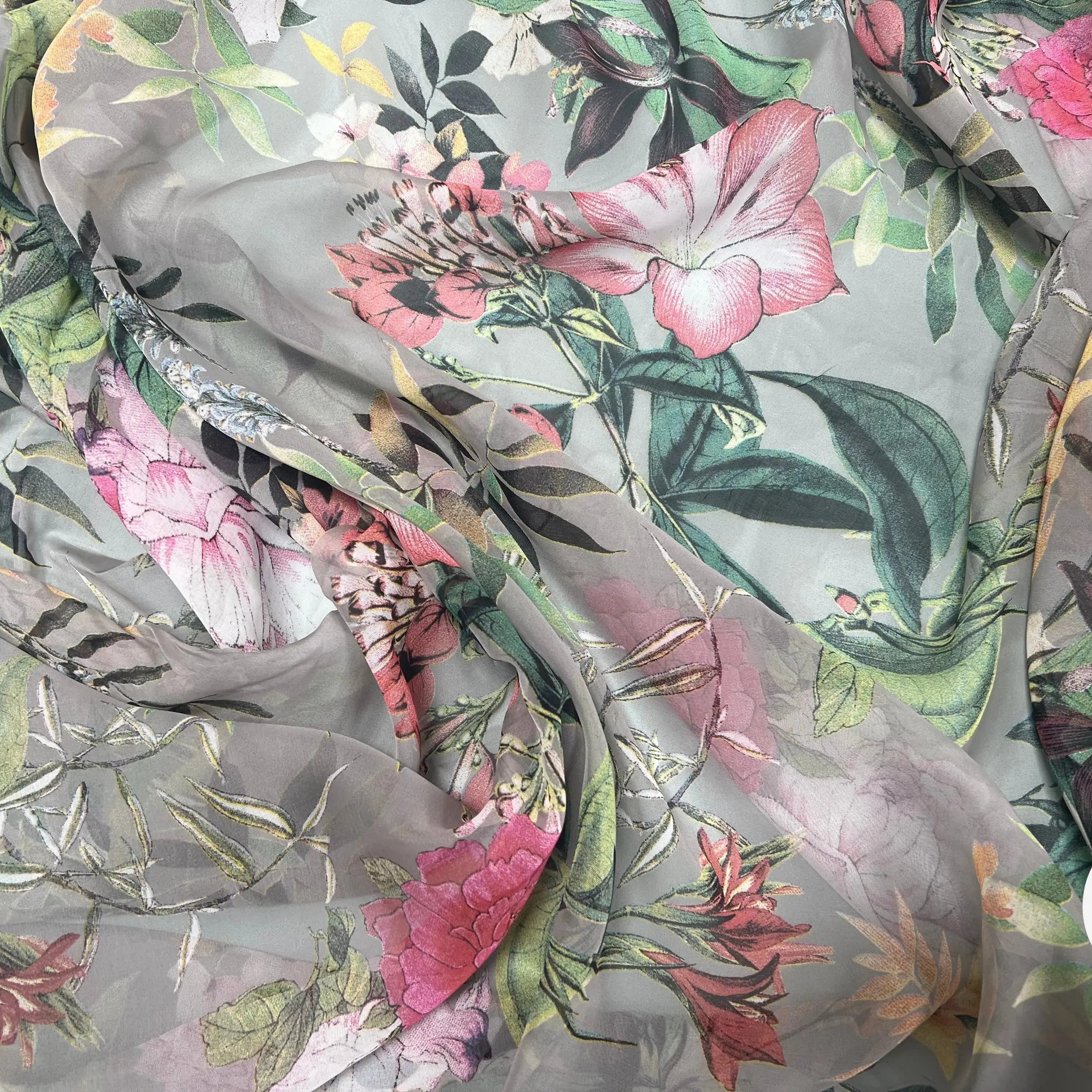 VOILE SOIE VISCOSE FOND GRIS FLEURS ORANGES - My Little Coupon