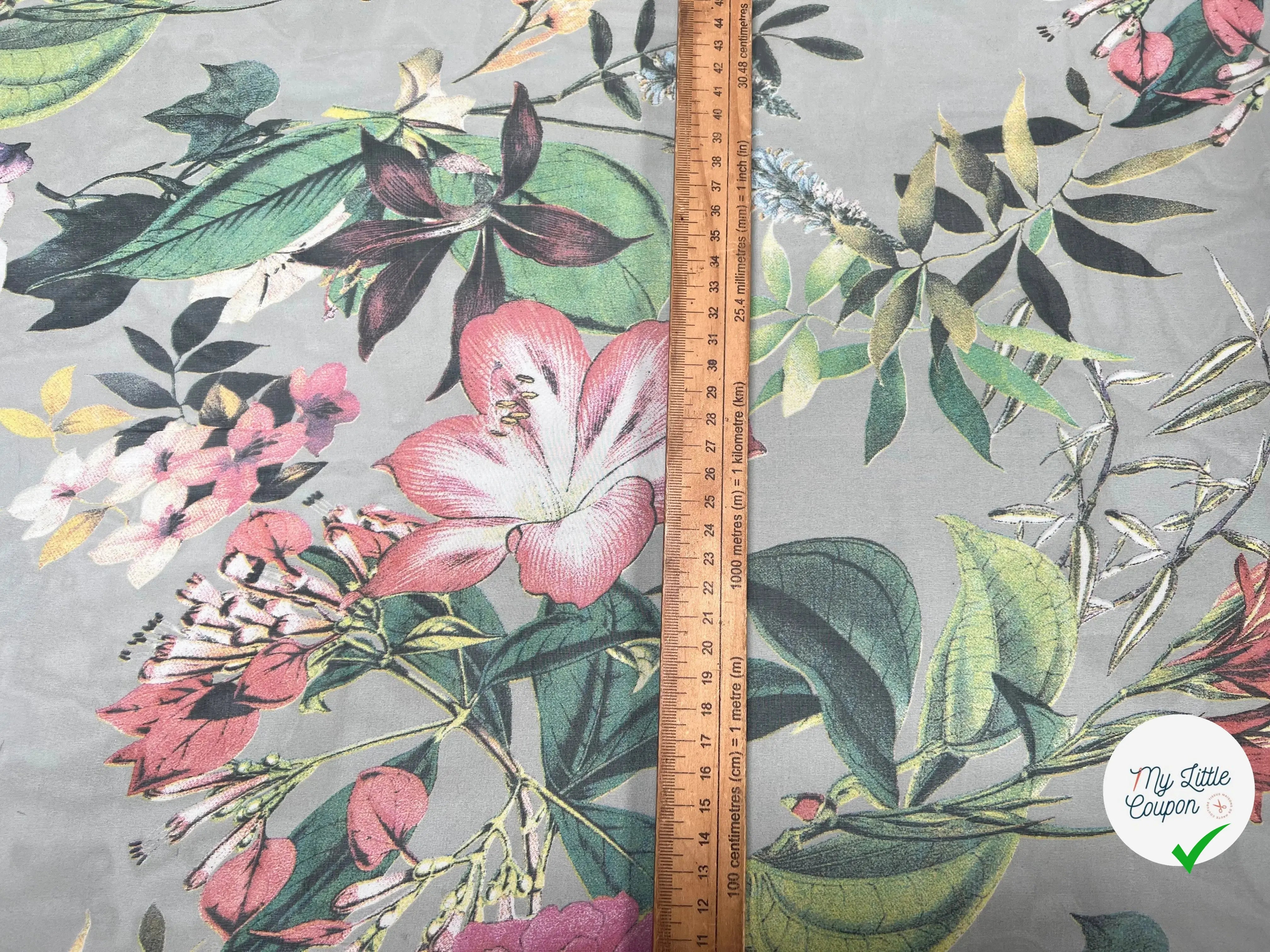 VOILE SOIE VISCOSE FOND GRIS FLEURS ORANGES - My Little Coupon