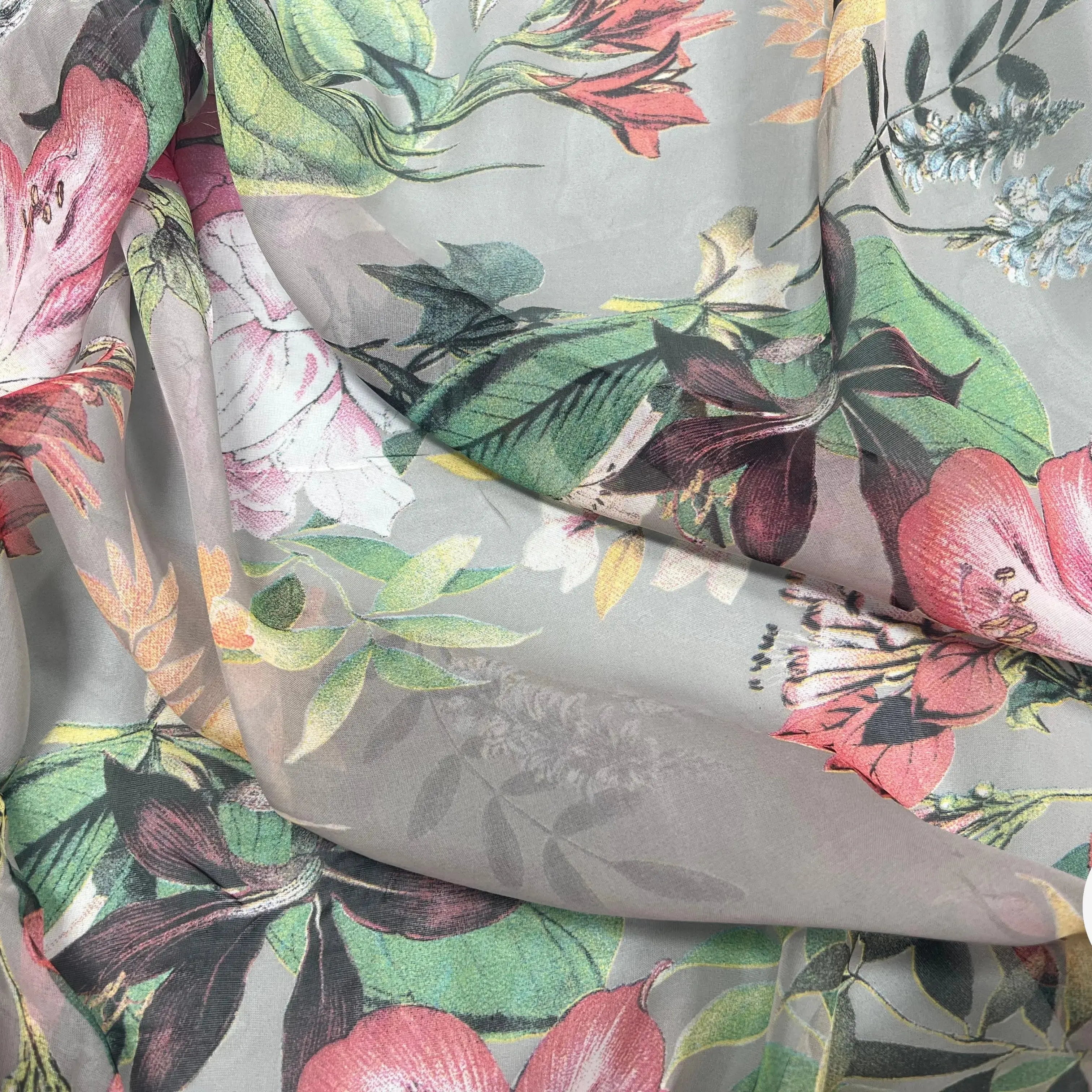 VOILE SOIE VISCOSE FOND GRIS FLEURS ORANGES - My Little Coupon