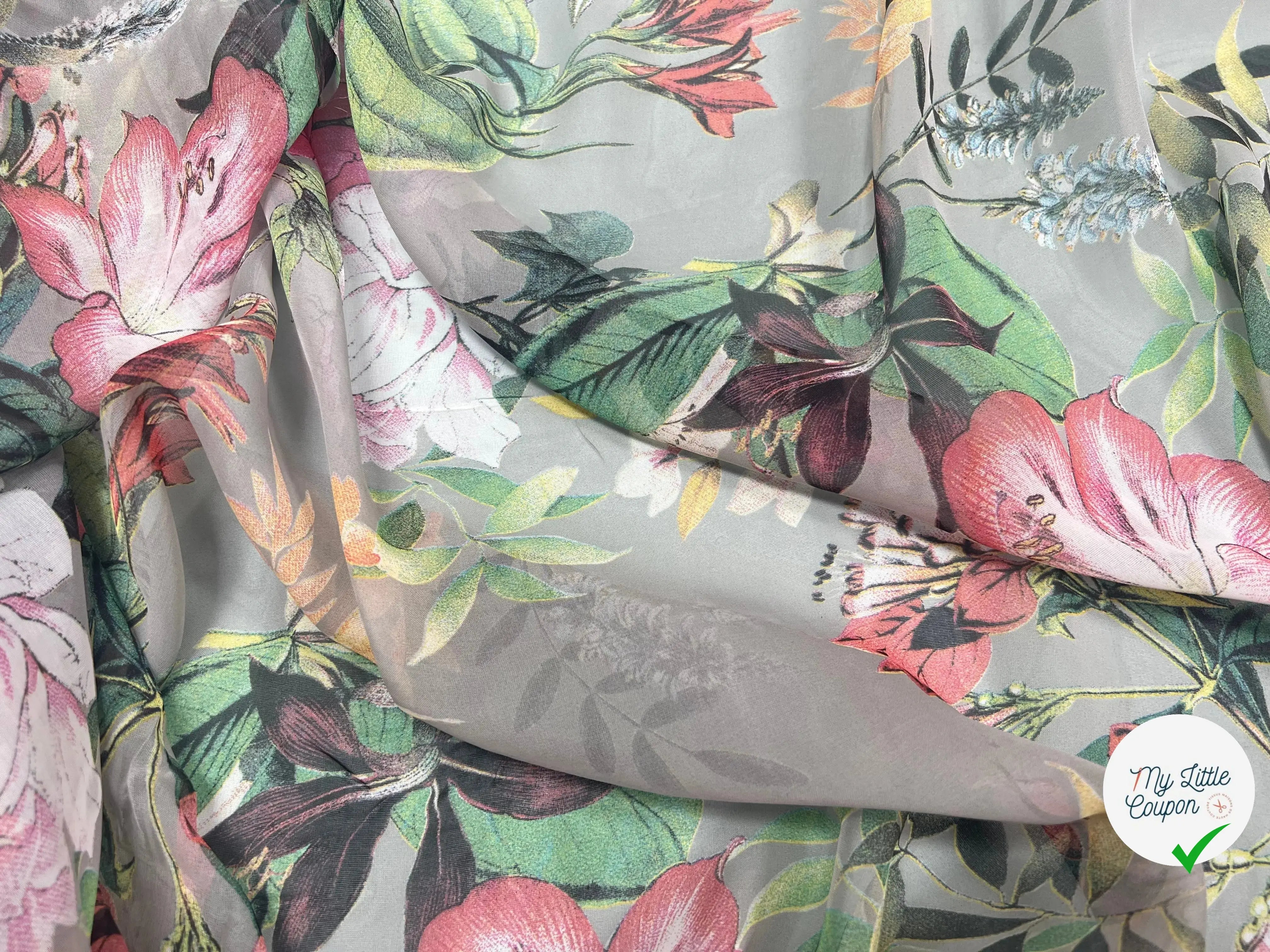 VOILE SOIE VISCOSE FOND GRIS FLEURS ORANGES - My Little Coupon