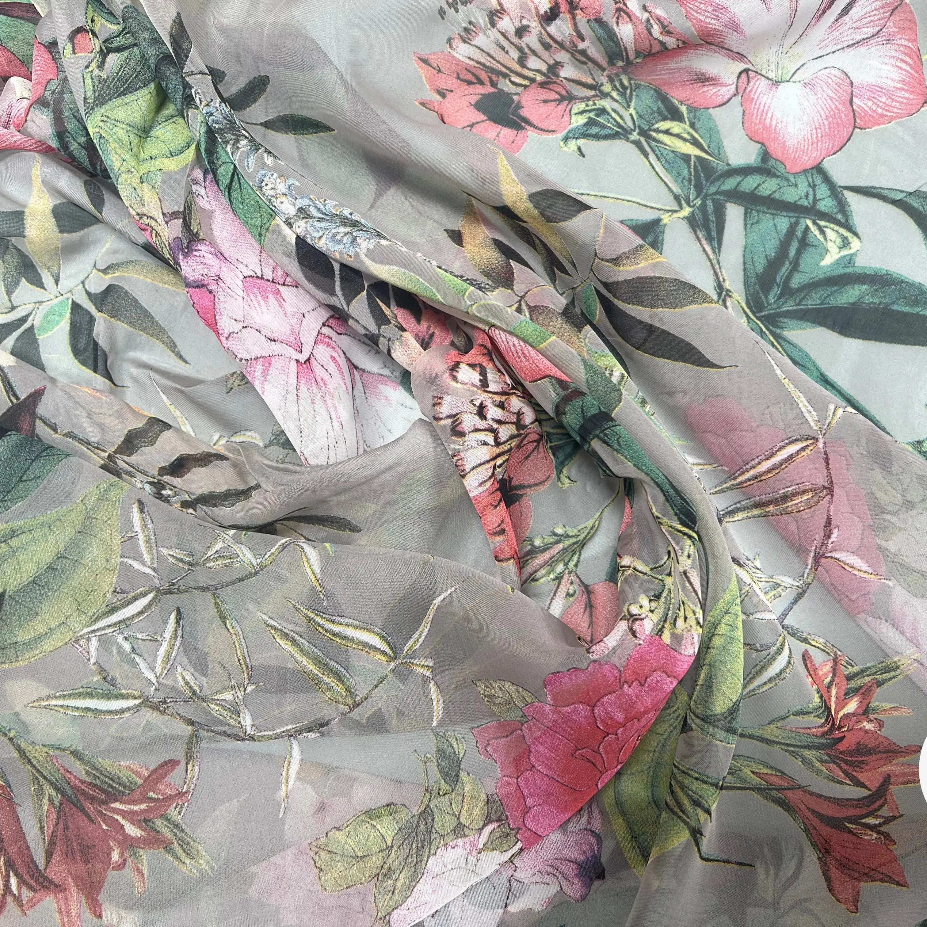 VOILE SOIE VISCOSE FOND GRIS FLEURS ORANGES - My Little Coupon