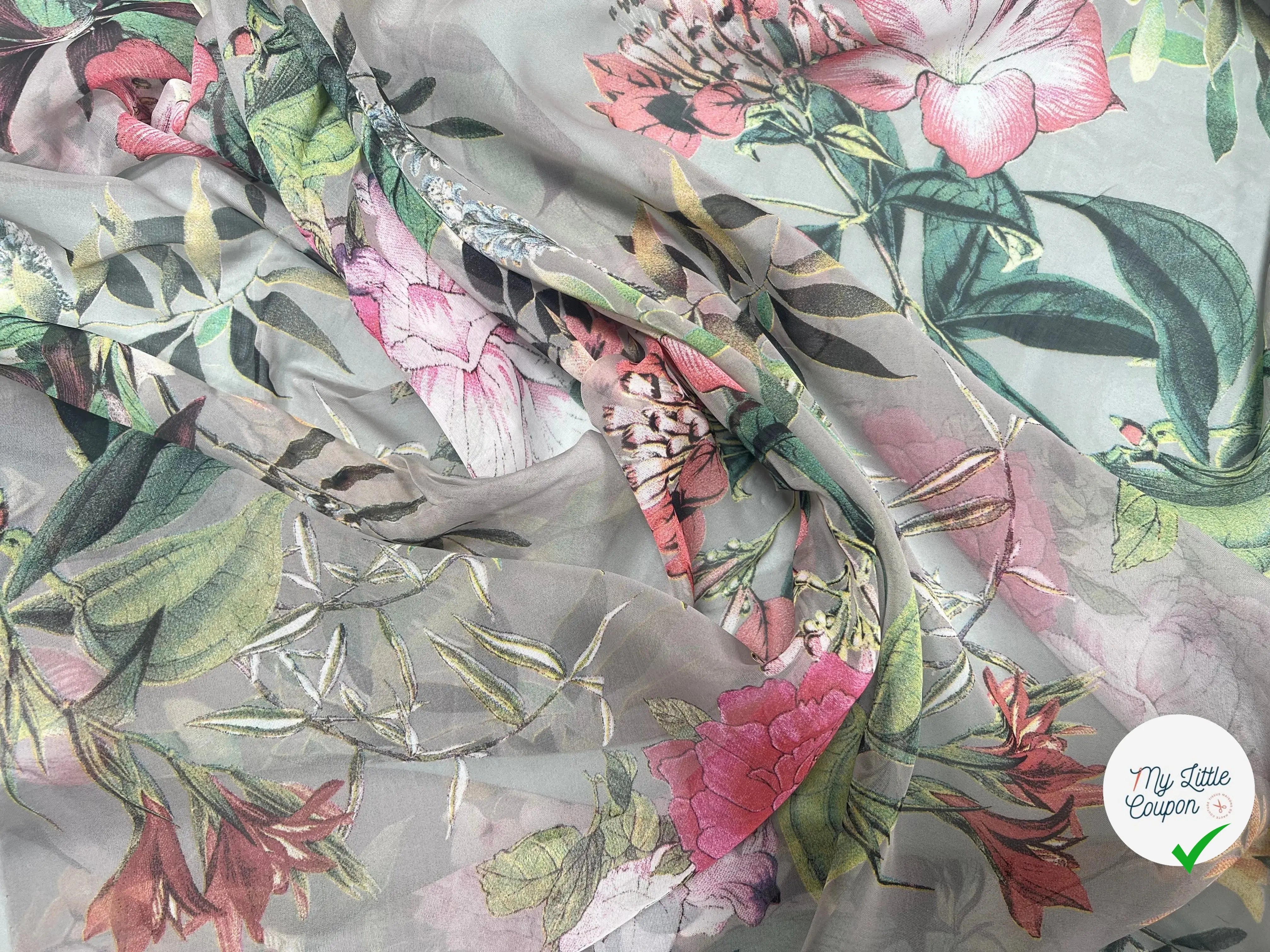 VOILE SOIE VISCOSE FOND GRIS FLEURS ORANGES - My Little Coupon