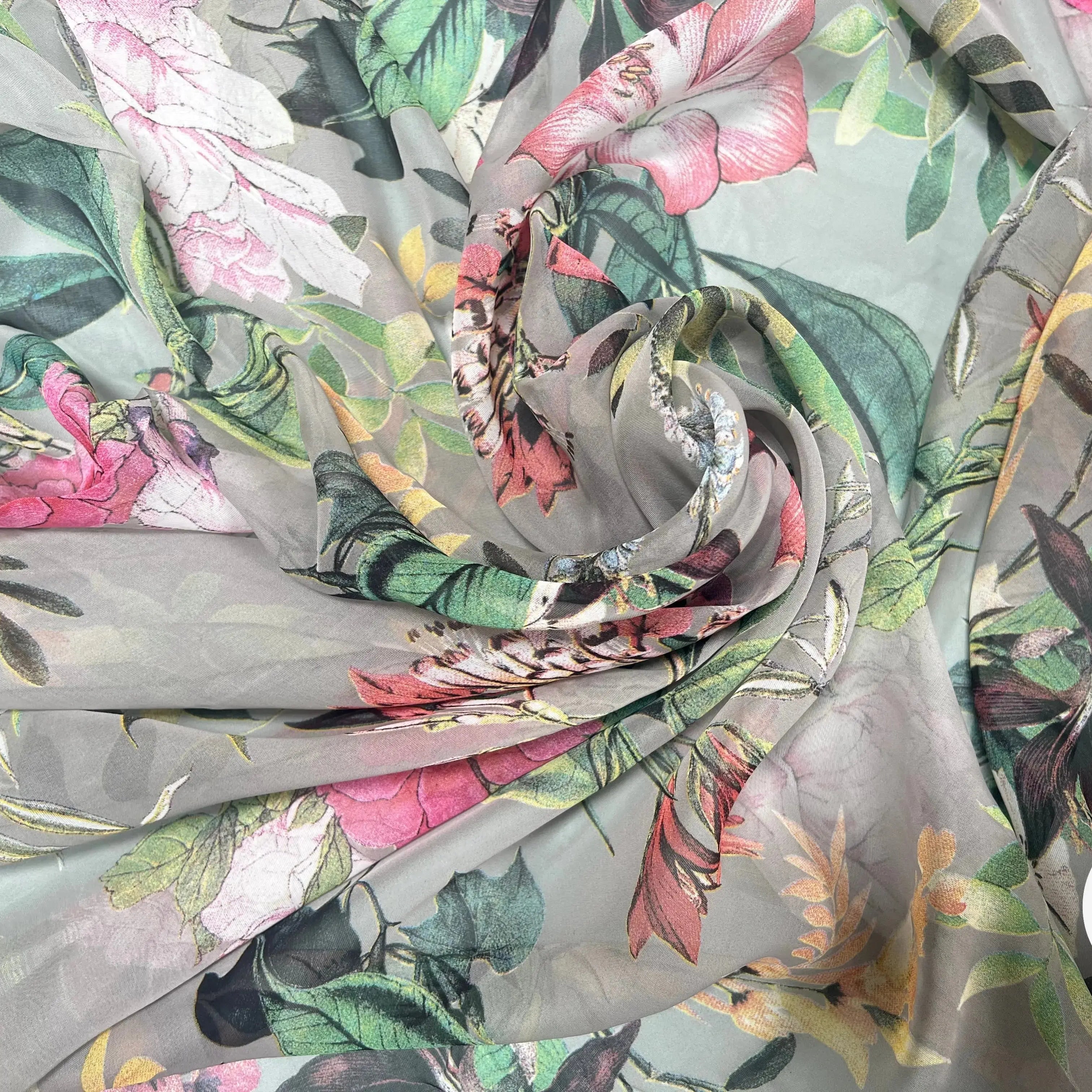 VOILE SOIE VISCOSE FOND GRIS FLEURS ORANGES - My Little Coupon