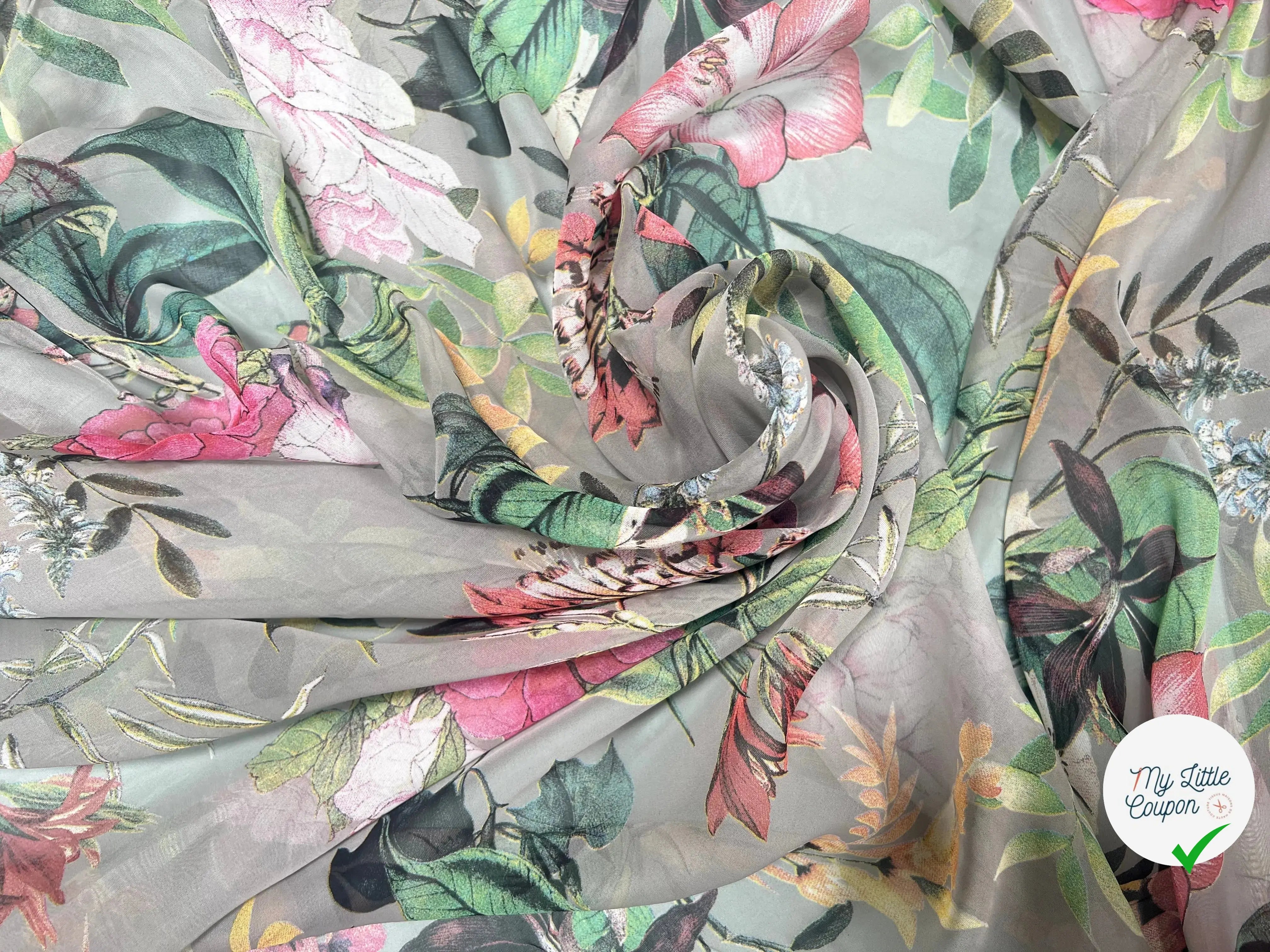 VOILE SOIE VISCOSE FOND GRIS FLEURS ORANGES - My Little Coupon