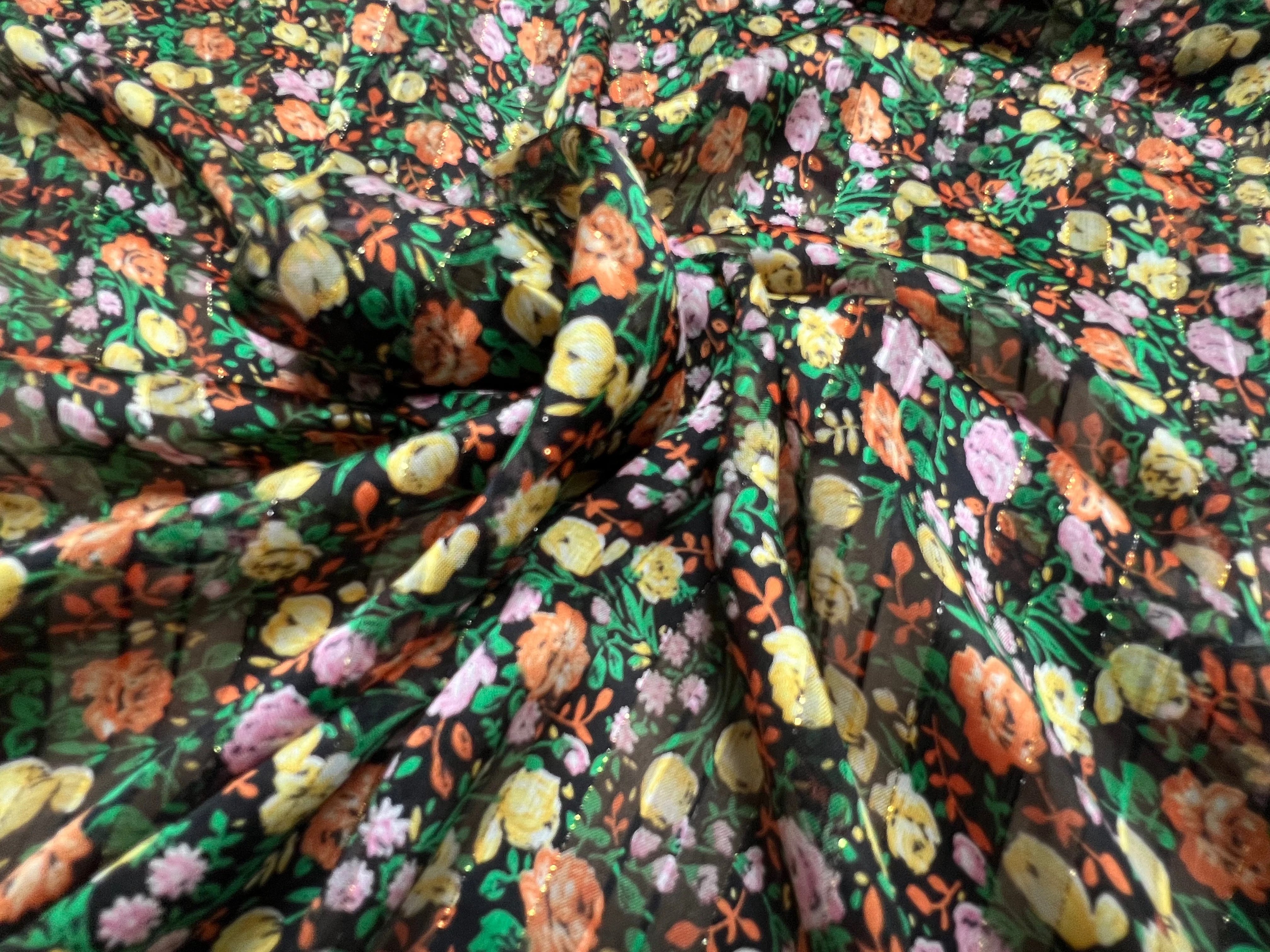 YORYU SATIN STRIPE IMPRIMÉ FLEURS FOND NOIR FINES RAYURES LUREX DORÉ - My Little Coupon