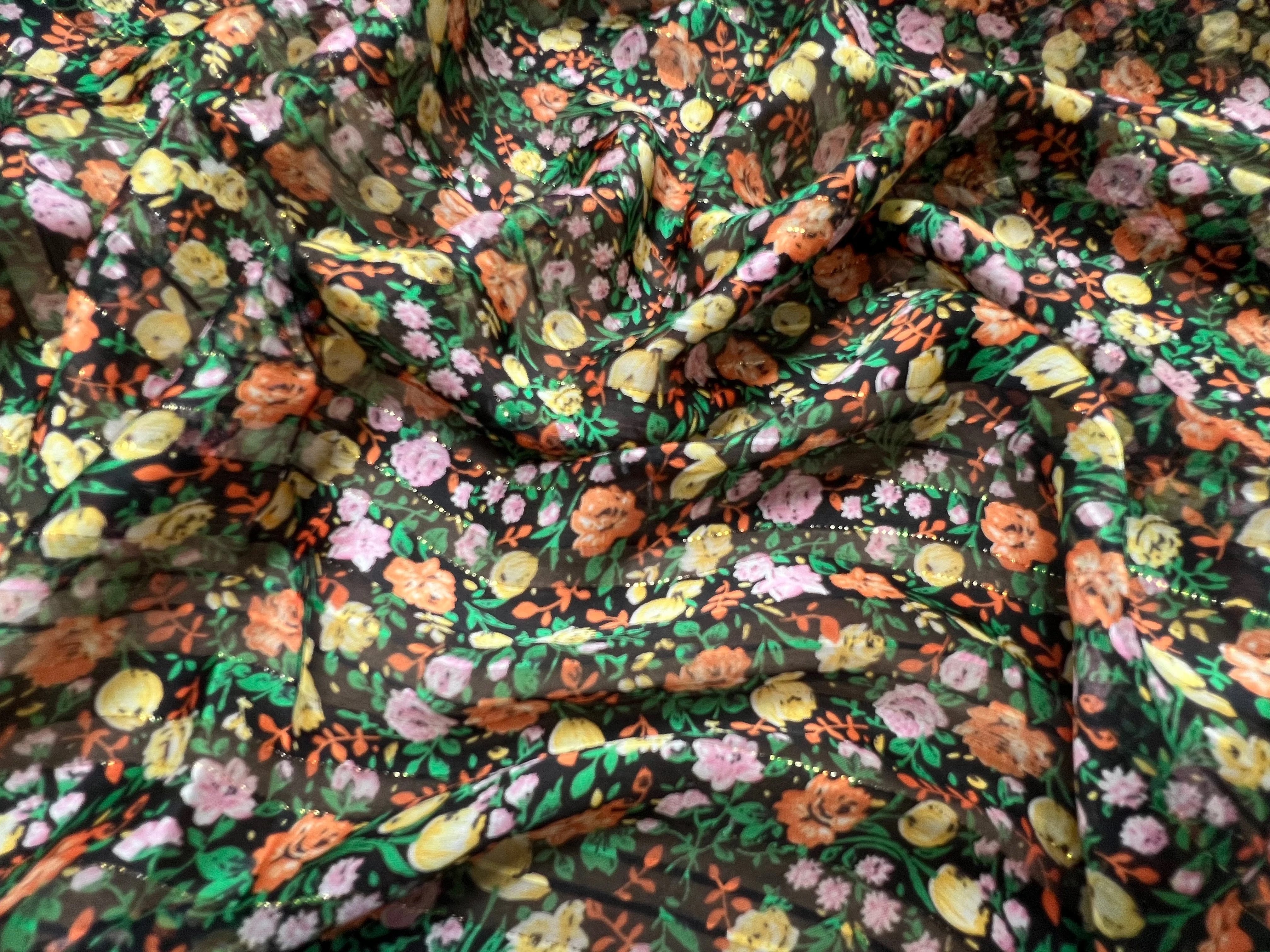 YORYU SATIN STRIPE IMPRIMÉ FLEURS FOND NOIR FINES RAYURES LUREX DORÉ - My Little Coupon