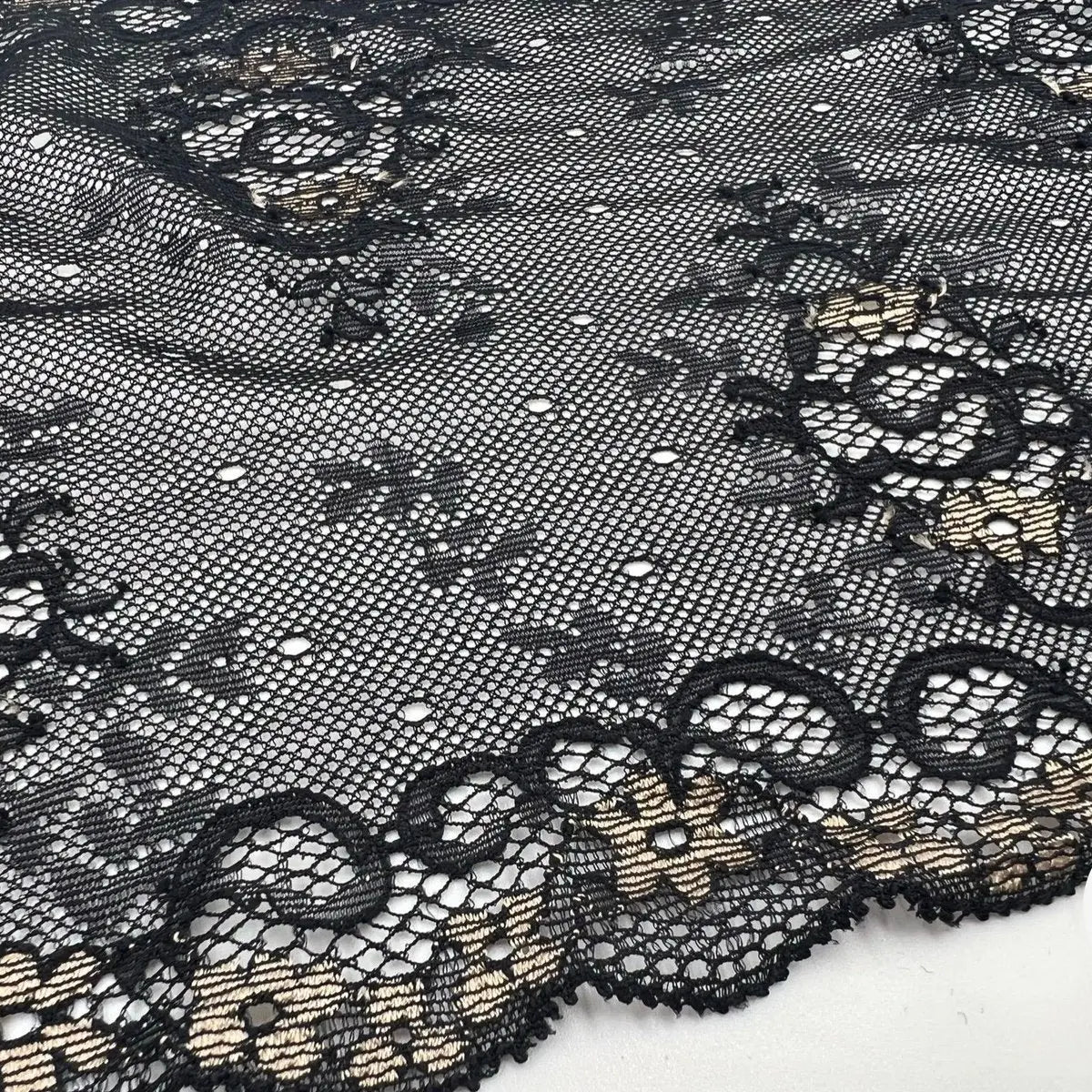DENTELLE ÉLASTIQUE GRANDE LARGEUR FLEURIE NOIR BEIGE - My Little Coupon - tissu - coudre