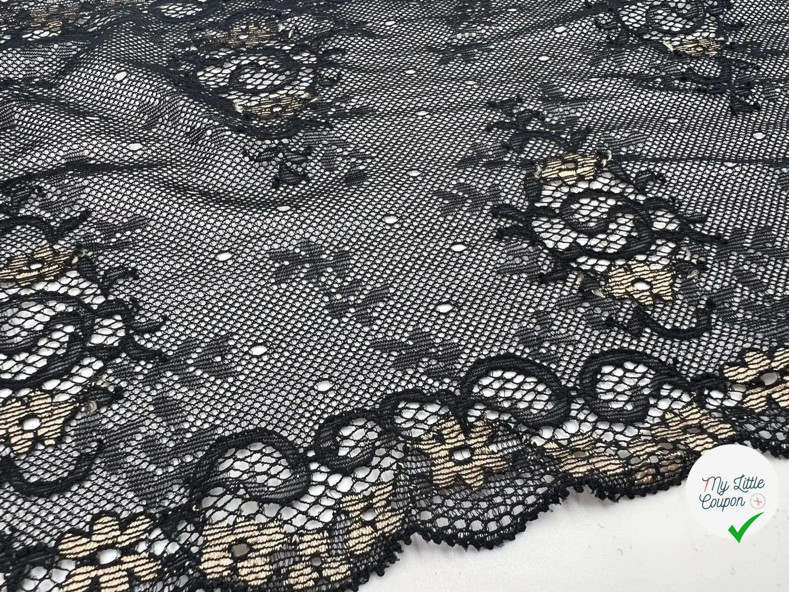 DENTELLE ÉLASTIQUE GRANDE LARGEUR FLEURIE NOIR BEIGE - My Little Coupon - tissu - coudre
