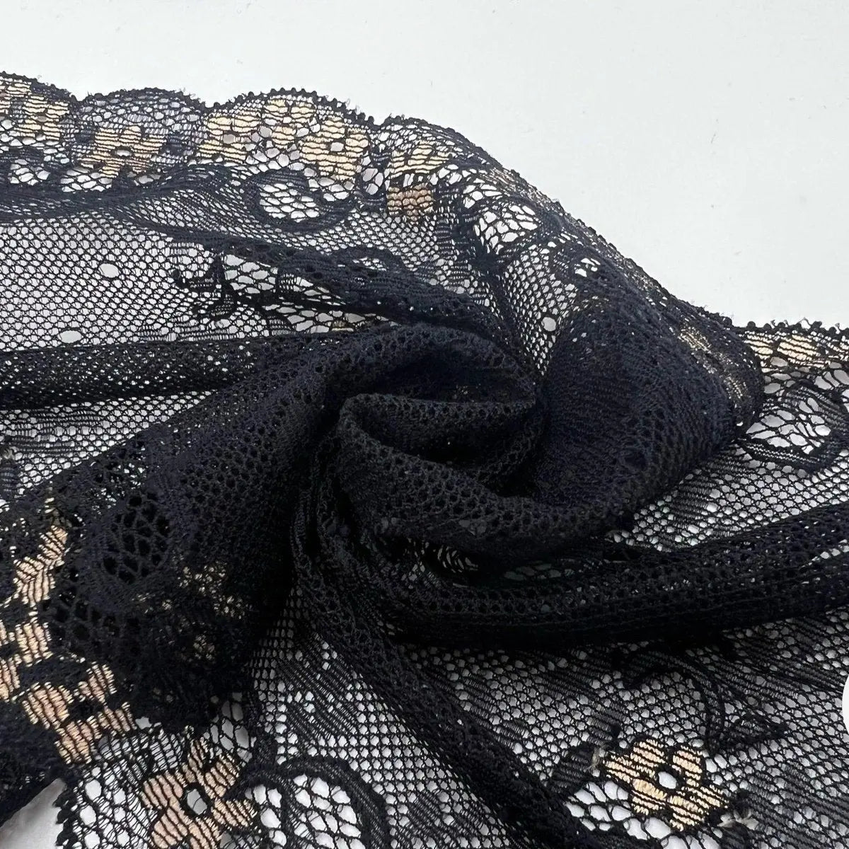 DENTELLE ÉLASTIQUE GRANDE LARGEUR FLEURIE NOIR BEIGE - My Little Coupon - tissu - coudre