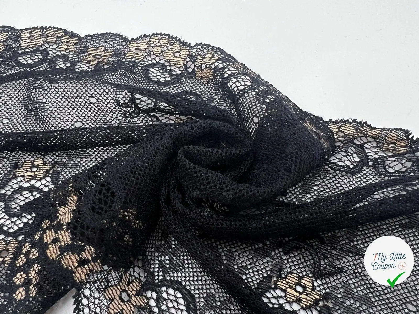 DENTELLE ÉLASTIQUE GRANDE LARGEUR FLEURIE NOIR BEIGE - My Little Coupon - tissu - coudre