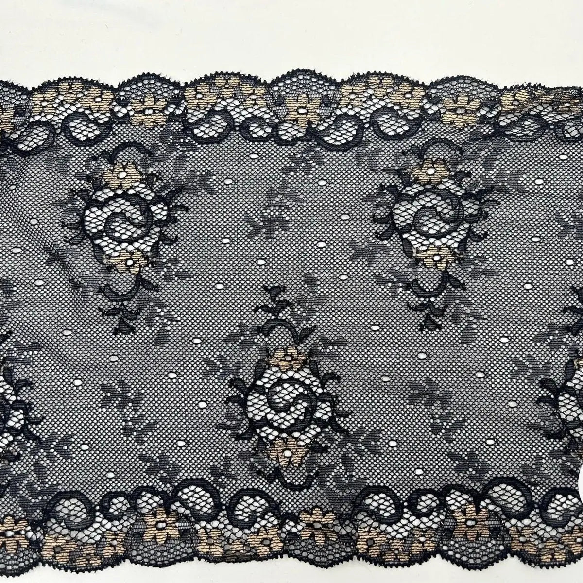 DENTELLE ÉLASTIQUE GRANDE LARGEUR FLEURIE NOIR BEIGE - My Little Coupon - tissu - coudre