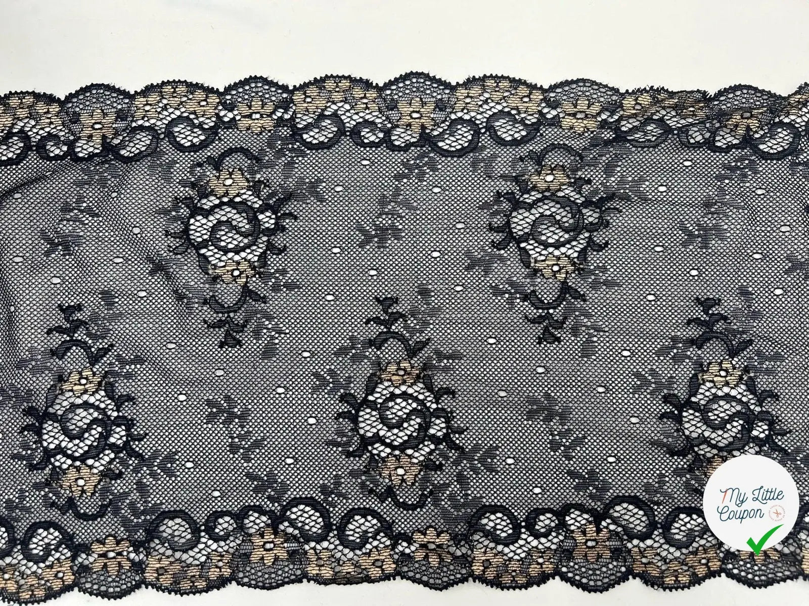DENTELLE ÉLASTIQUE GRANDE LARGEUR FLEURIE NOIR BEIGE - My Little Coupon - tissu - coudre