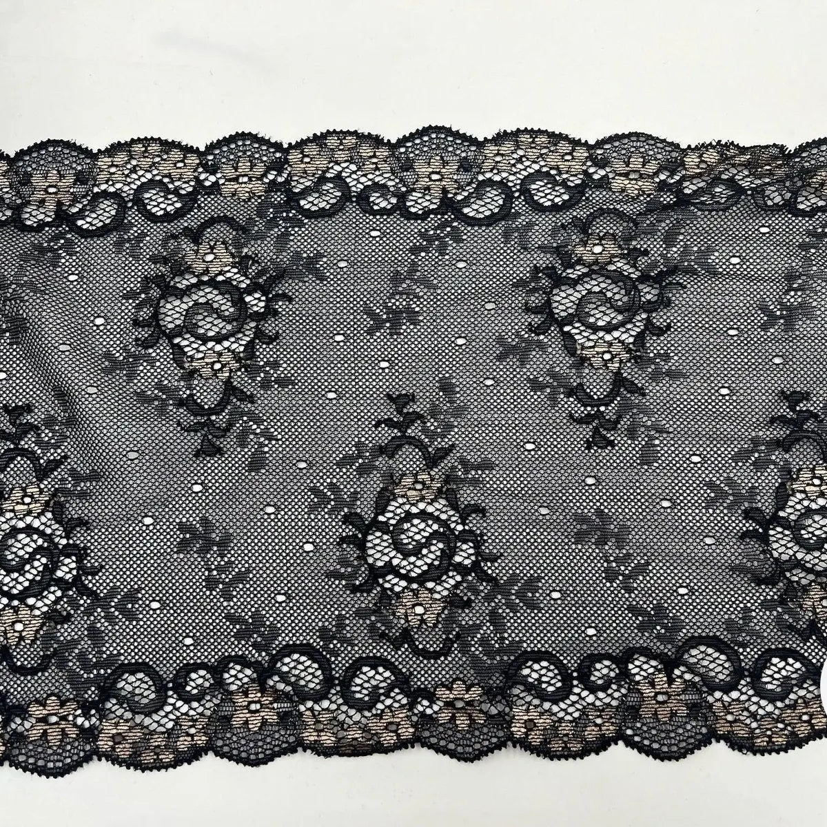 DENTELLE ÉLASTIQUE GRANDE LARGEUR FLEURIE NOIR BEIGE - My Little Coupon - tissu - coudre
