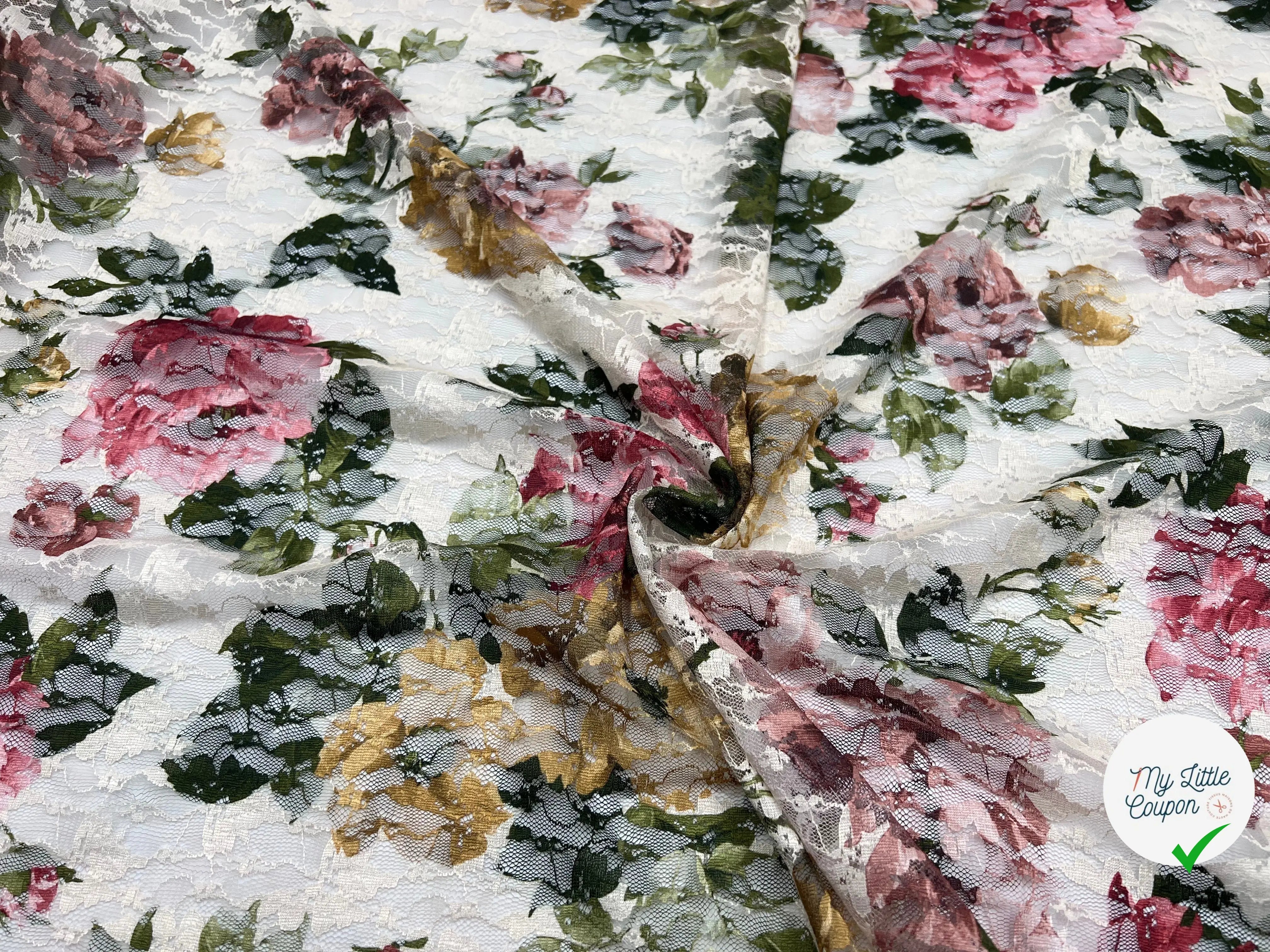DENTELLE IMPRIMÉ BOUQUET ROMANTIQUE - My Little Coupon - tissu - coudre