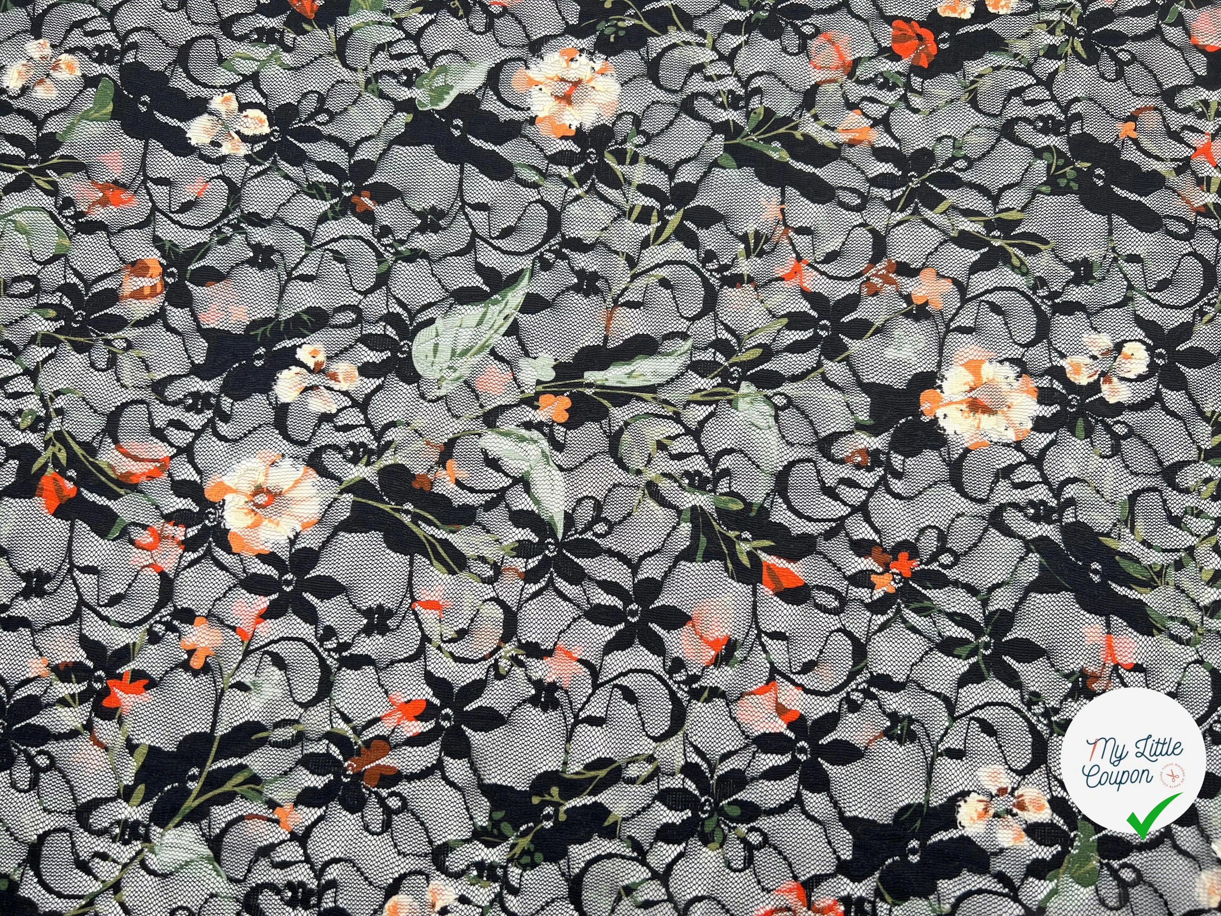 DENTELLE NOIR SUR IMPRIMÉ DE SIGNATURES FLORALES - My Little Coupon - tissu - coudre