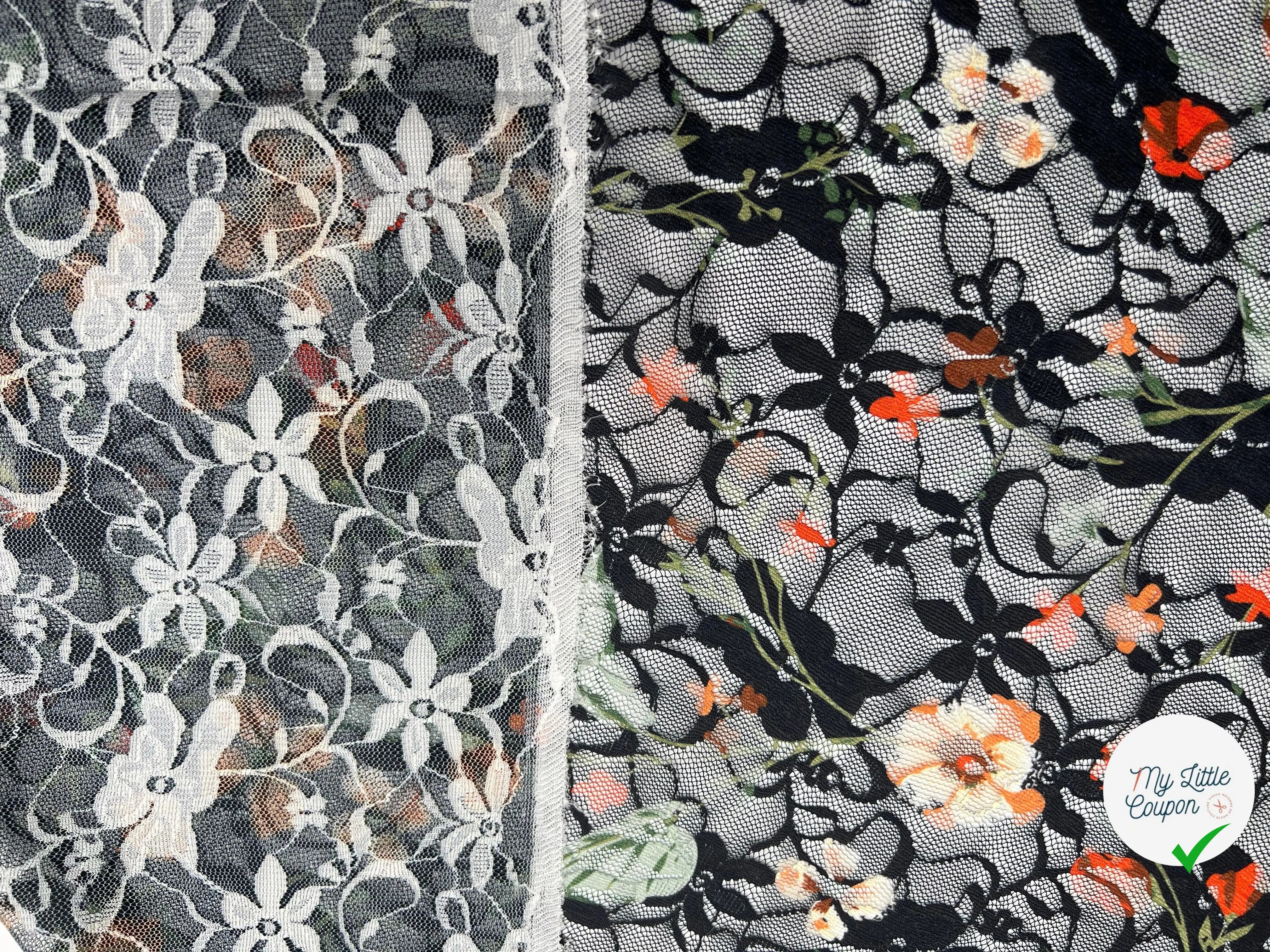 DENTELLE NOIR SUR IMPRIMÉ DE SIGNATURES FLORALES - My Little Coupon - tissu - coudre